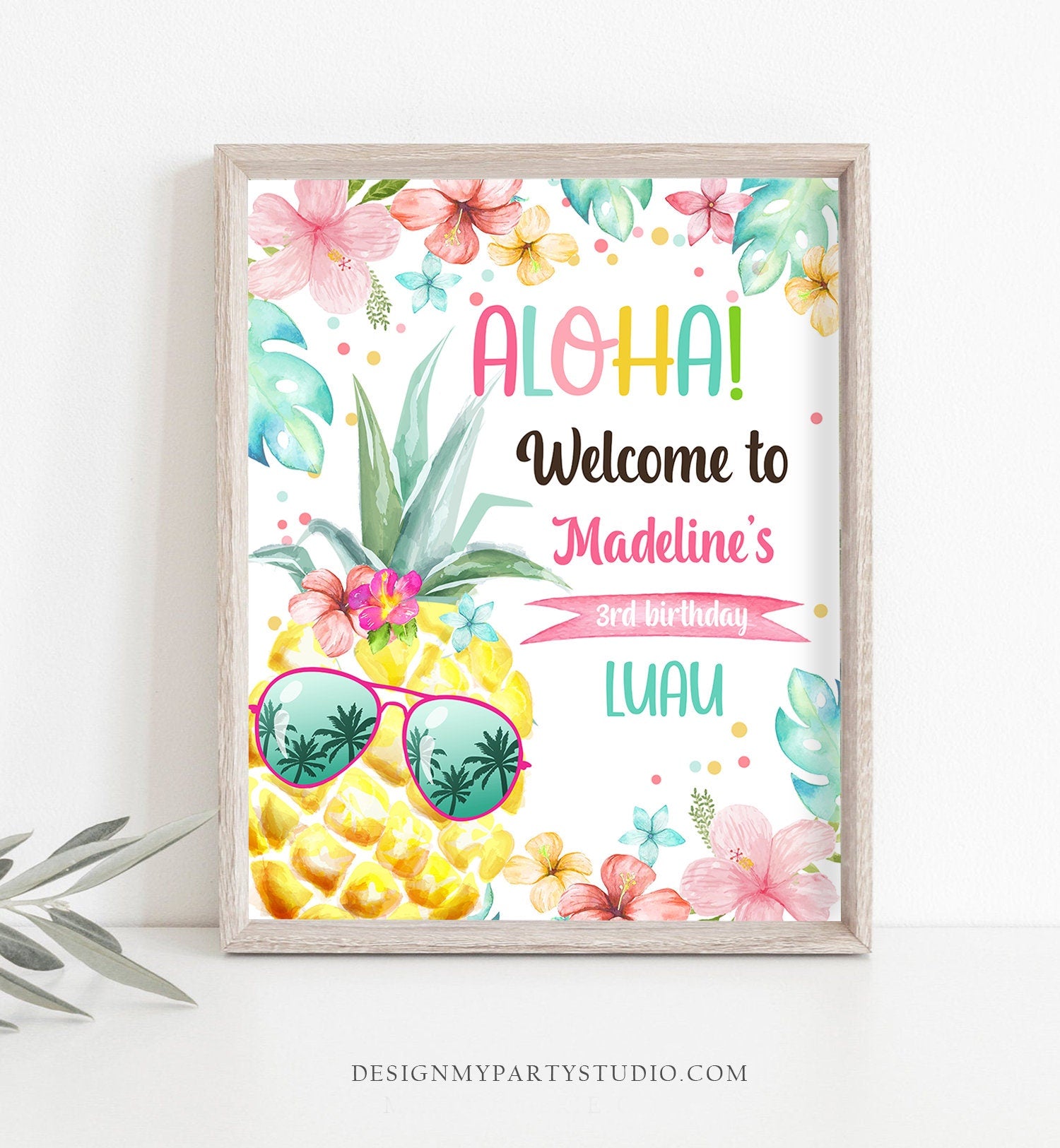 Editable Pineapple Welcome Sign Tropical Hawaiian Luau Birthday Sign Girl Pink Aloha Party Welcome Poster Template Corjl PRINTABLE 0391