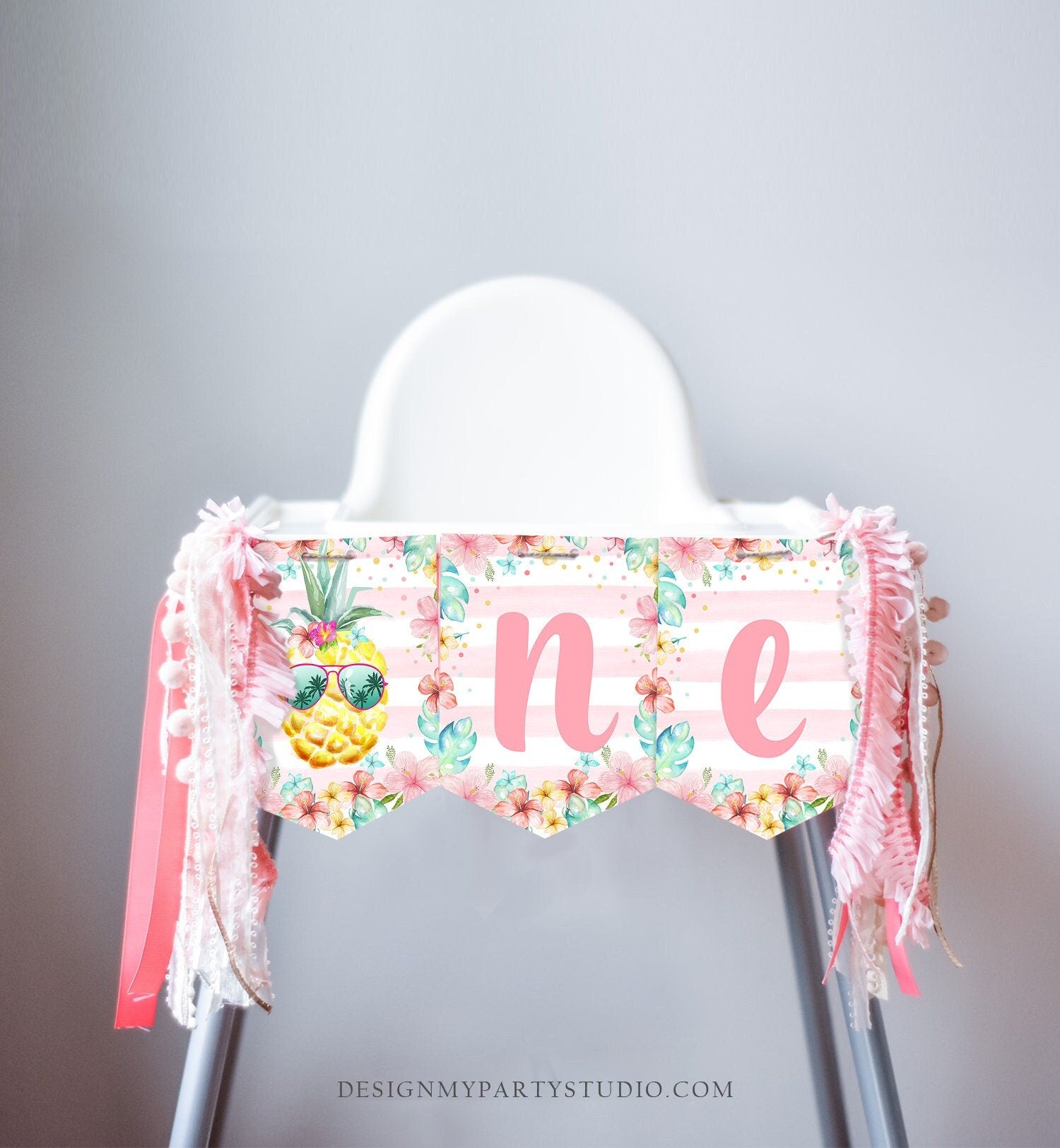 Pineapple High Chair Banner Hawaiian Luau 1st First Birthday High Chair ONE Banner Party Decor Tropical Girl Luau PRINTABLE Digital 0391