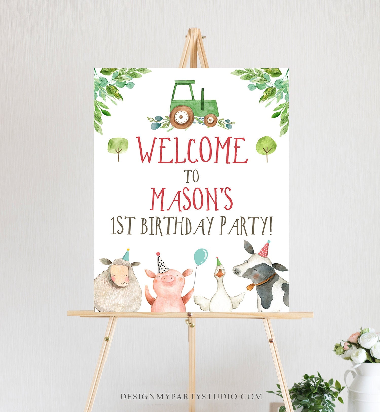 Editable Farm Birthday Welcome Sign Boy Barnyard Birthday Welcome Sign Farm Animals Green Tractor Barn Country Template Corjl PRINTABLE 0155