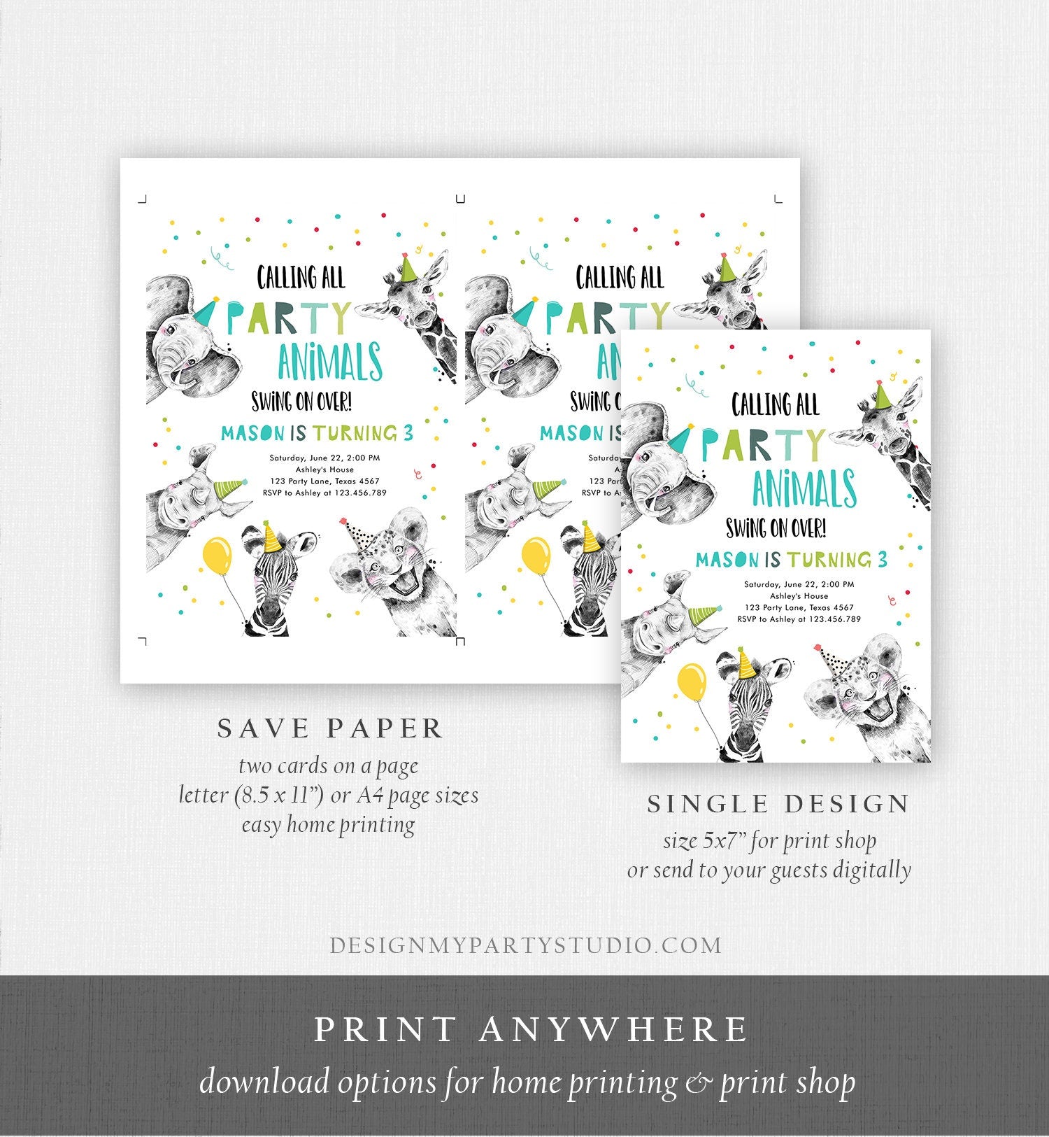 Editable Party Animals Birthday Invitation Calling All Animals Zoo Safari Animals Boy Green Neutral Download Template Corjl Printable 0390