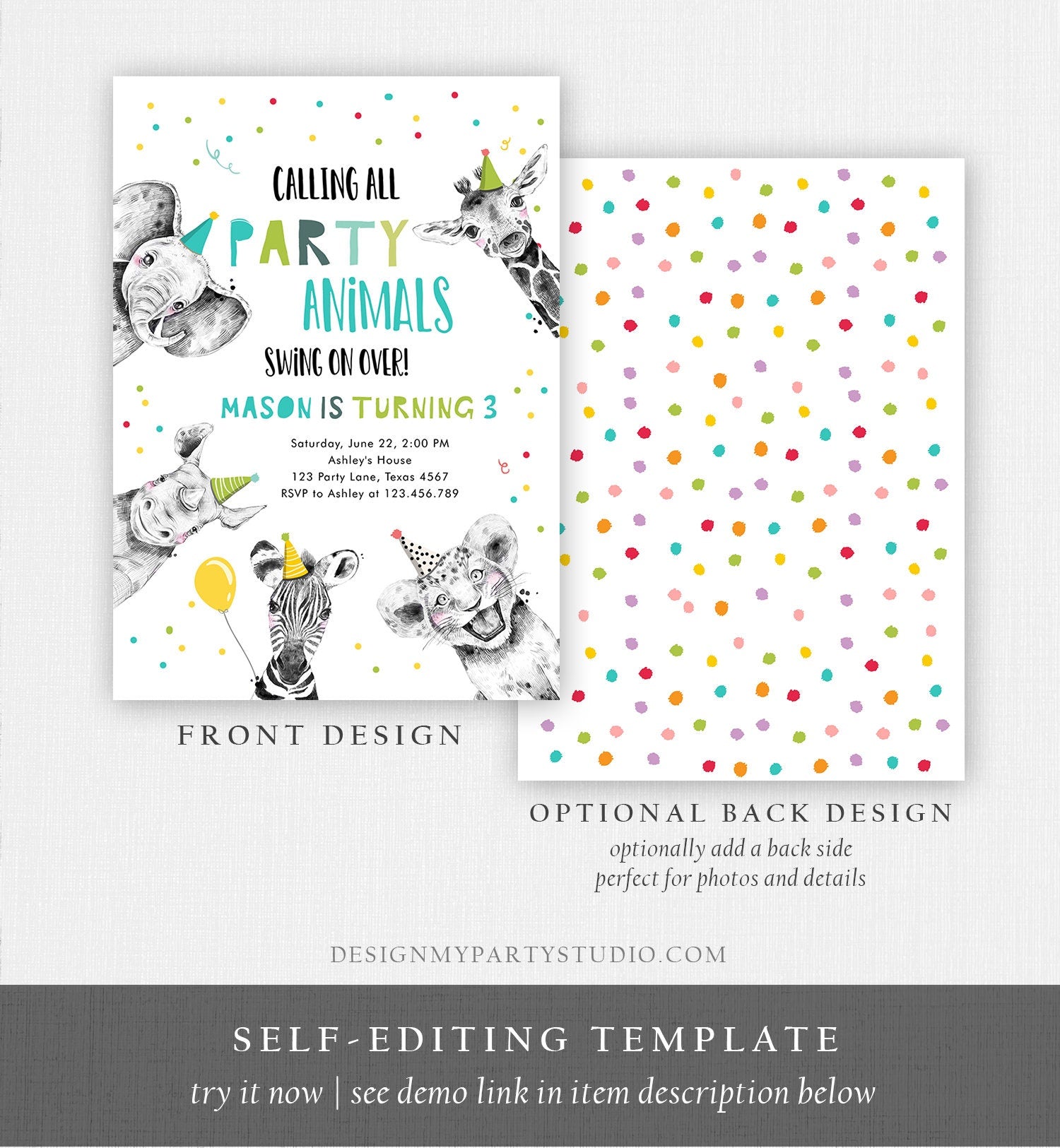 Editable Party Animals Birthday Invitation Calling All Animals Zoo Safari Animals Boy Green Neutral Download Template Corjl Printable 0390