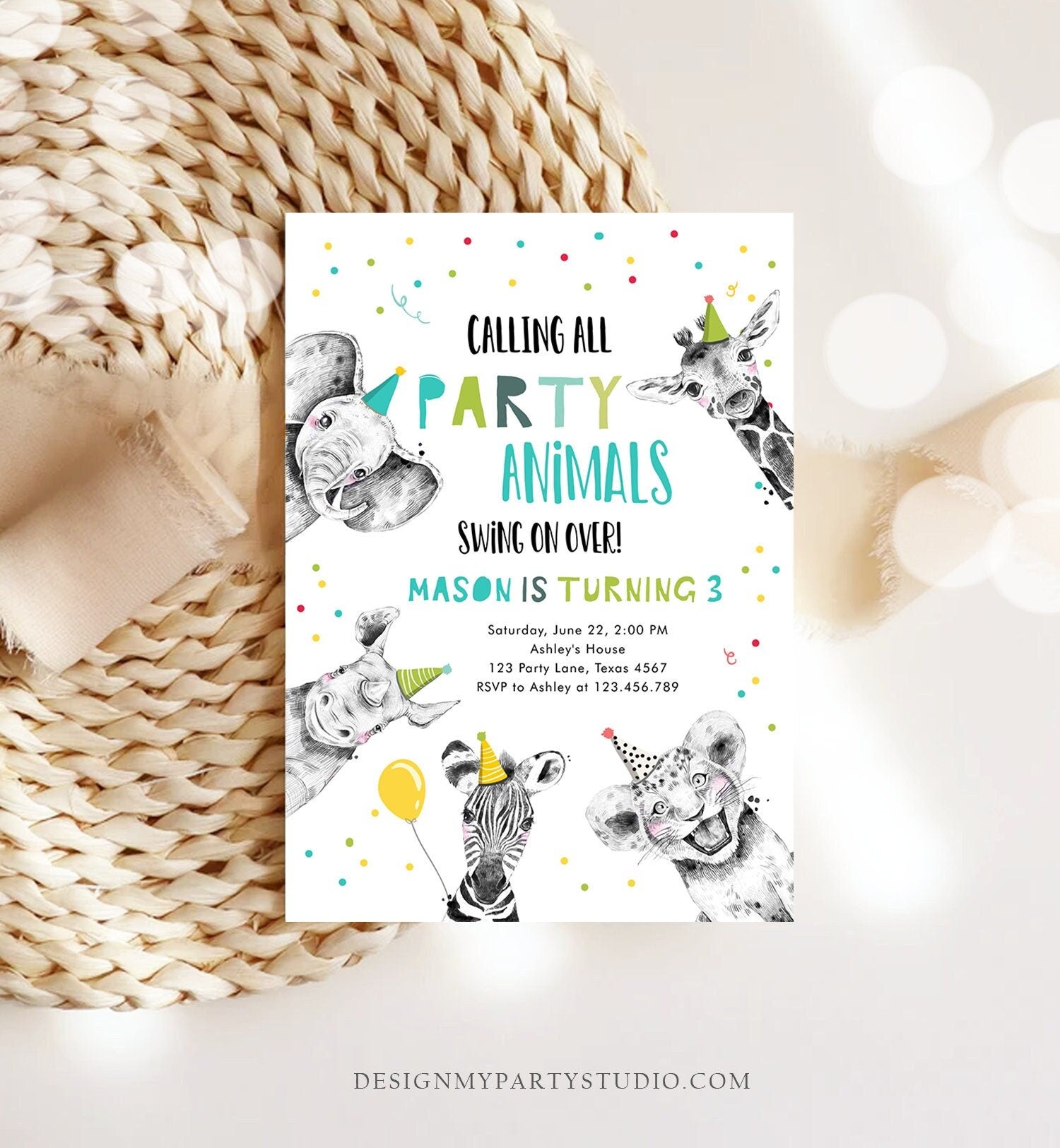 Editable Party Animals Birthday Invitation Calling All Animals Zoo Safari Animals Boy Green Neutral Download Template Corjl Printable 0390