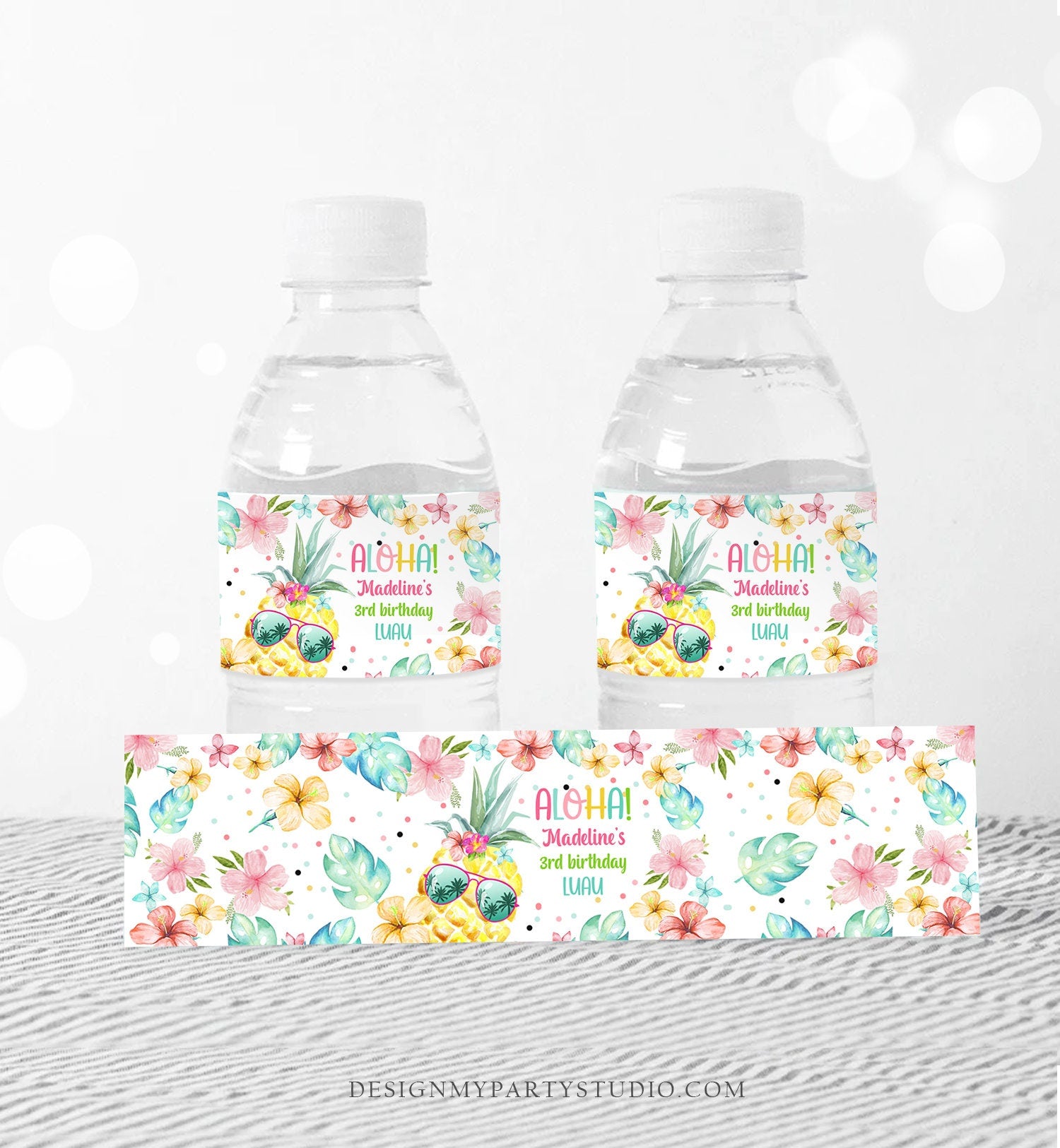 Editable Pineapple Water Bottle Labels Hawaiian Birthday Aloha Tropical Luau Party Pool Party Printable Bottle Labe Template Printable 0391