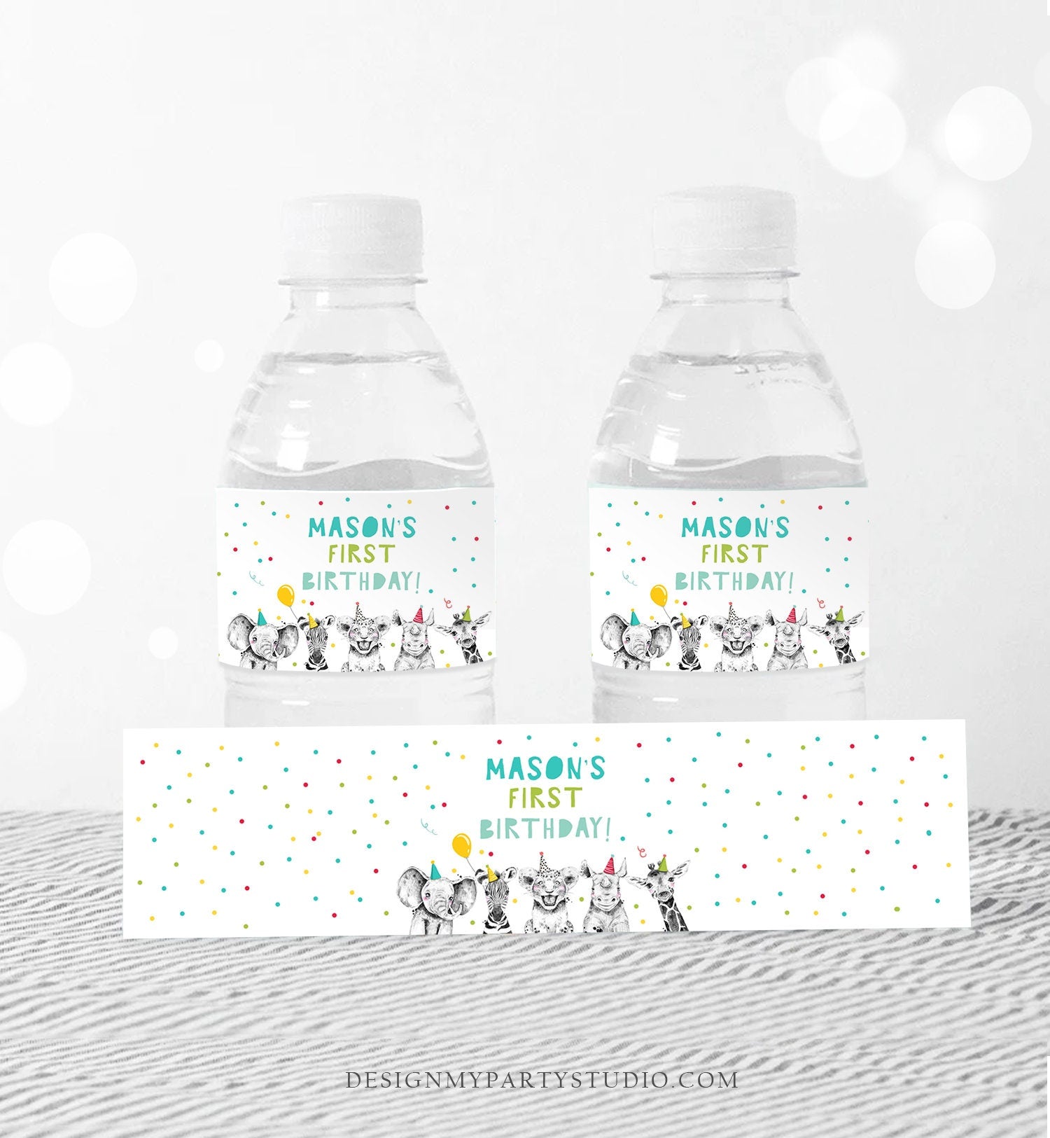 Editable Water Bottle Labels Party Animals Birthday Wild One Birthday Decor Safari Animals Zoo Printable Bottle Wrappers Template Corjl 0390