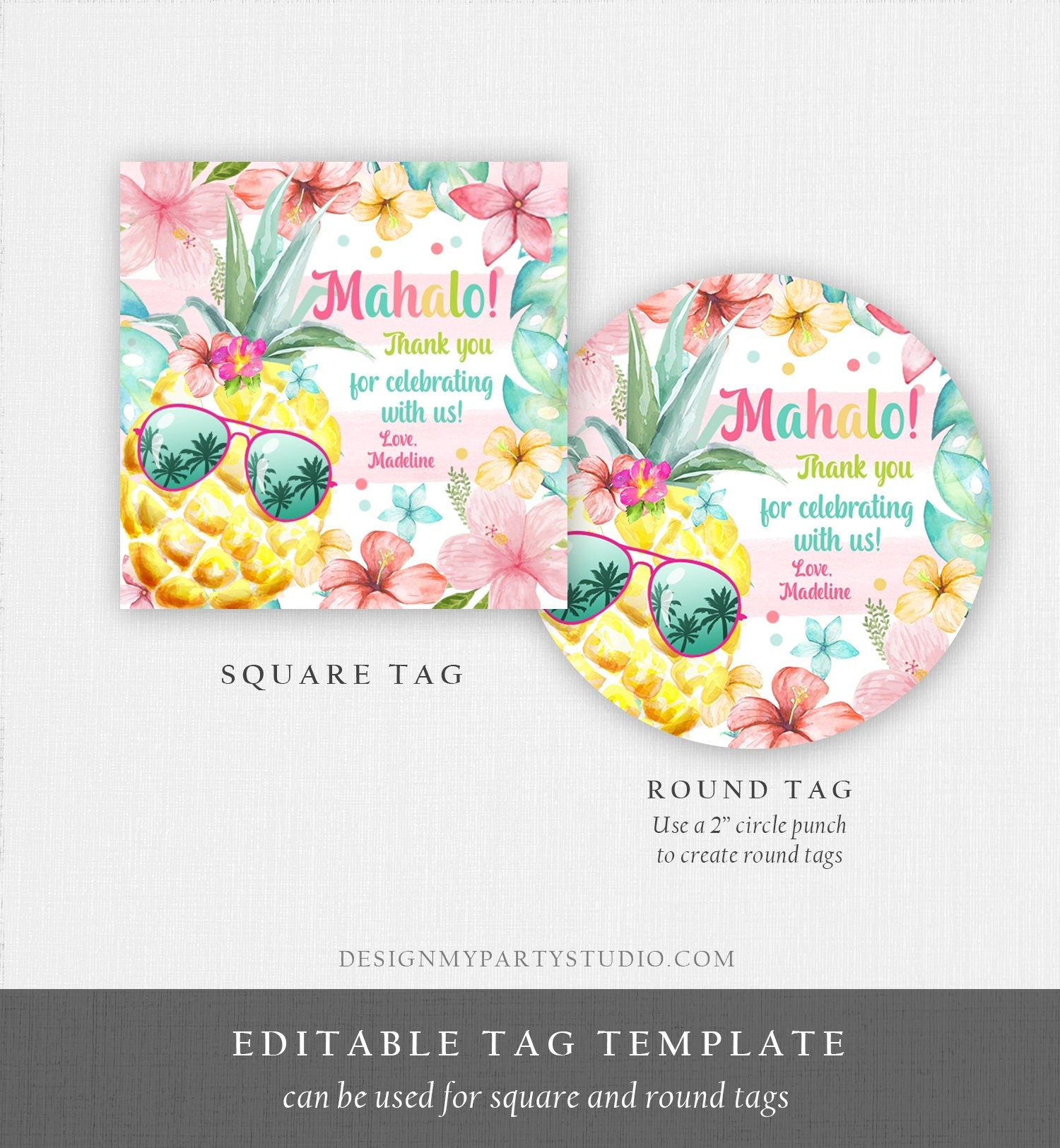 Editable Tropical Aloha Hawaiian Favor Tag Luau Birthday Party Pineapple Sticker Mahalo Pool Party Pink Girl Corjl Template Printable 0391