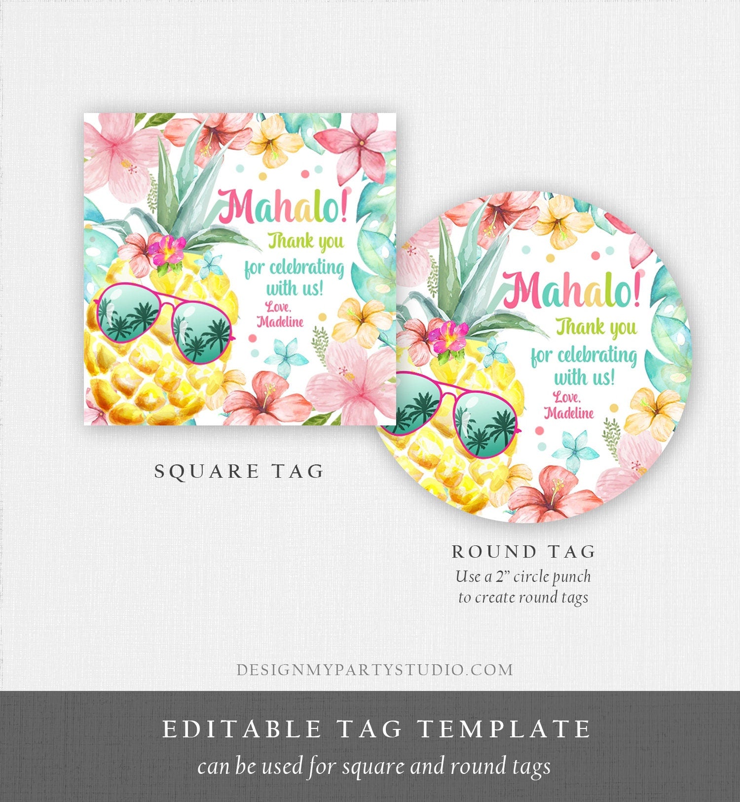 Editable Tropical Aloha Hawaiian Favor Tag Luau Birthday Party Pineapple Sticker Mahalo Pool Party Pink Girl Corjl Template Printable 0391