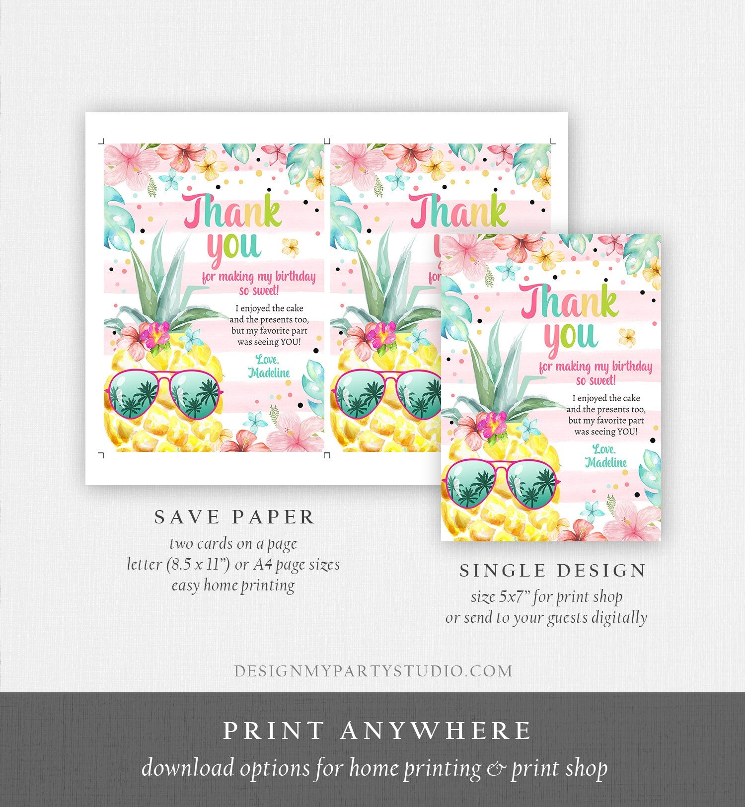 Editable Pineapple Birthday Thank You Card Girl Hawaiian Birthday Thank You Note Tropical Luau Party Download Template Digital Corjl 0391