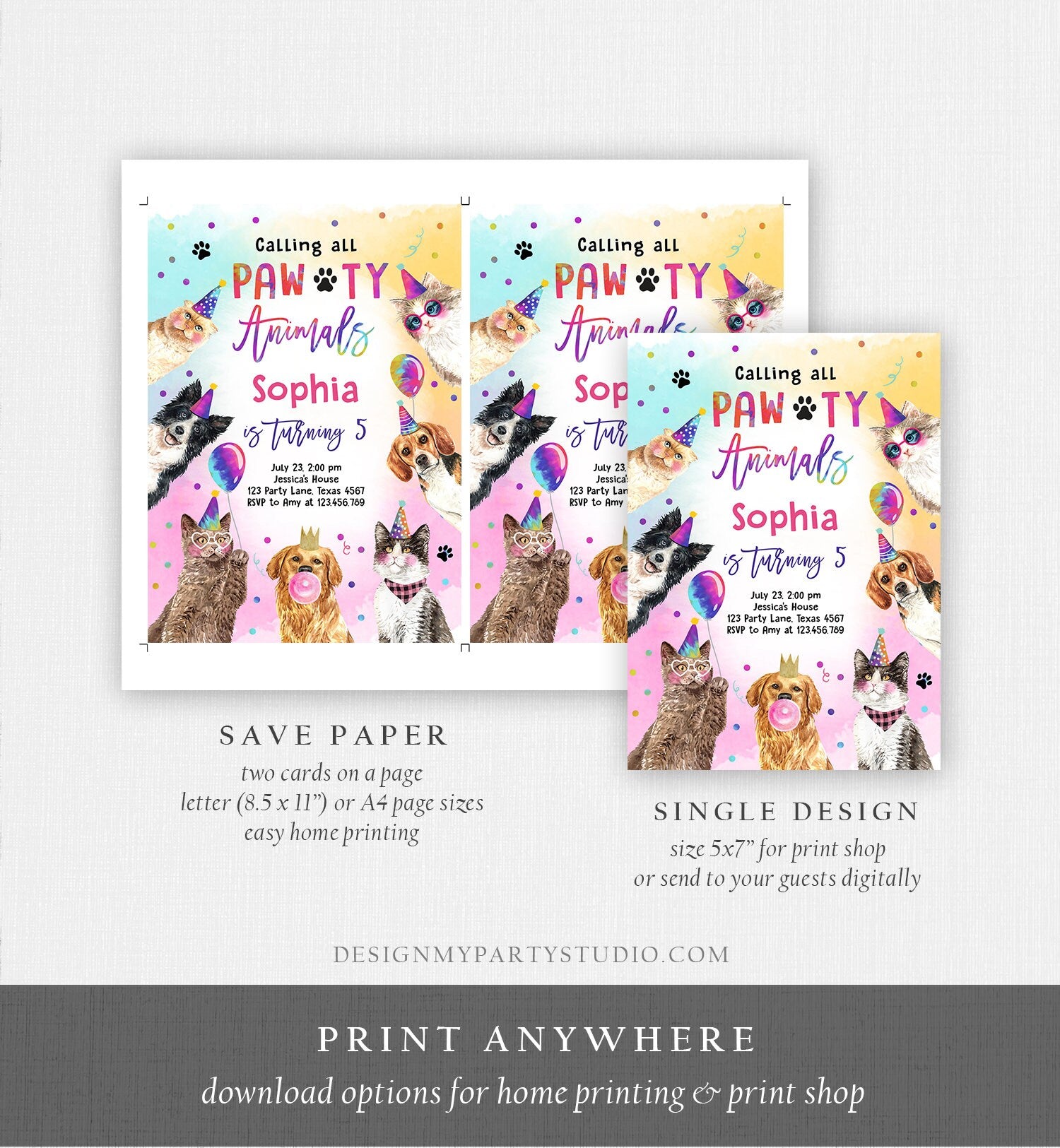 Editable Cats and Dogs Birthday Invitation Pawty Birthday Party Invite Girl Kitten Puppy Party Animal Download Printable Template Corjl 0460