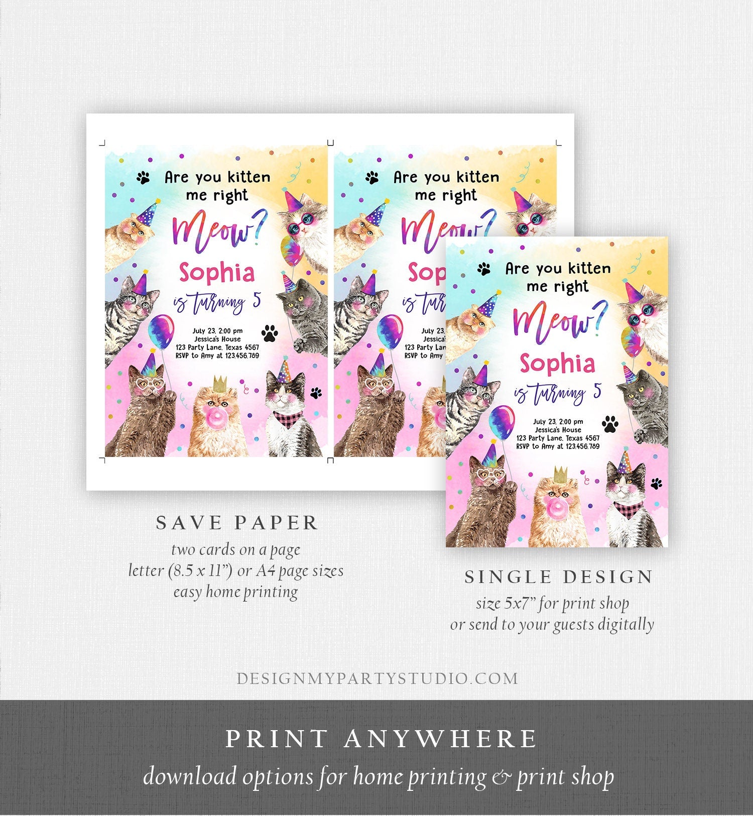 Editable Cat Birthday Party Invitation Kitten Birthday Invite Kitten me Right Meow Invite Party Animals Girl Download Template Corjl 0460