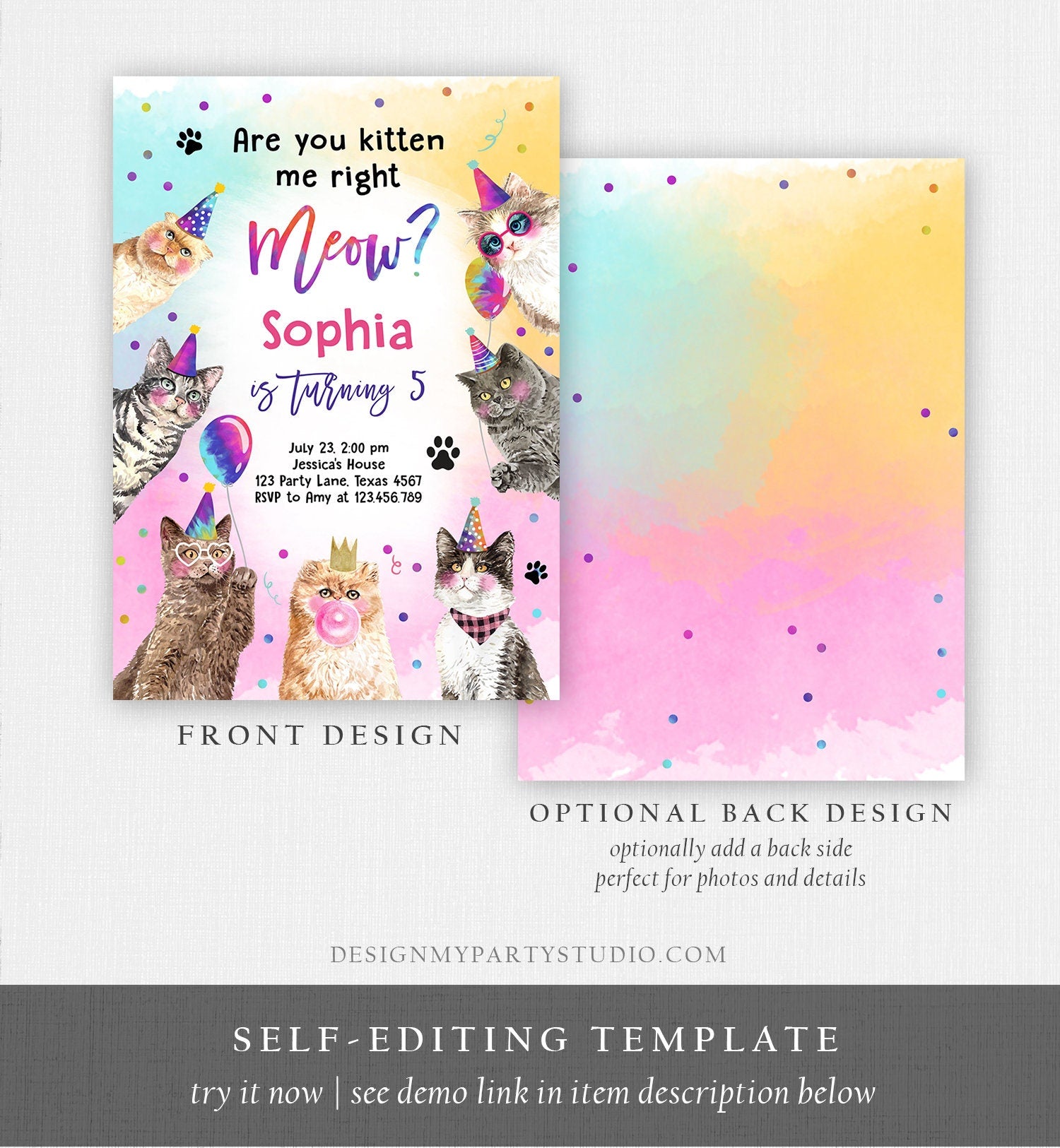 Editable Cat Birthday Party Invitation Kitten Birthday Invite Kitten me Right Meow Invite Party Animals Girl Download Template Corjl 0460