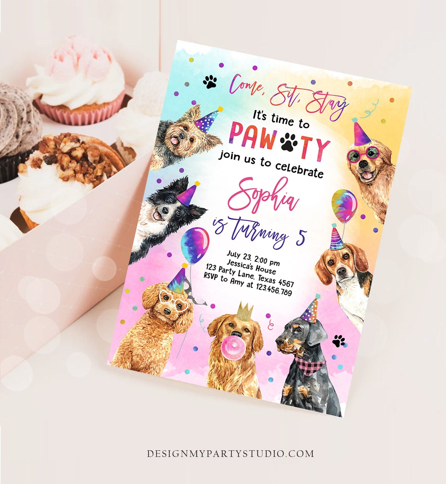 Editable Dog Birthday Party Invitation Puppy Birthday Invite Pink Girl Doggy Shelter Animal Pet Vet Download Printable Template Corjl 0460