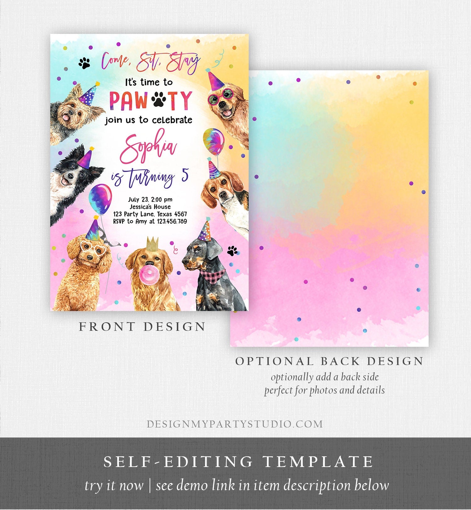 Editable Dog Birthday Party Invitation Puppy Birthday Invite Pink Girl Doggy Shelter Animal Pet Vet Download Printable Template Corjl 0460