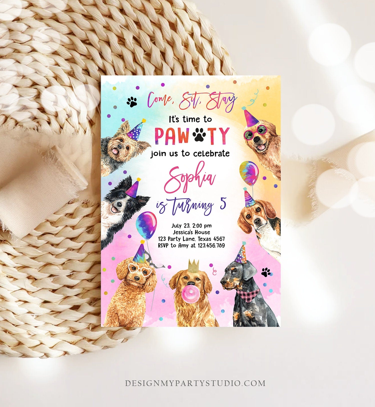 Editable Dog Birthday Party Invitation Puppy Birthday Invite Pink Girl Doggy Shelter Animal Pet Vet Download Printable Template Corjl 0460