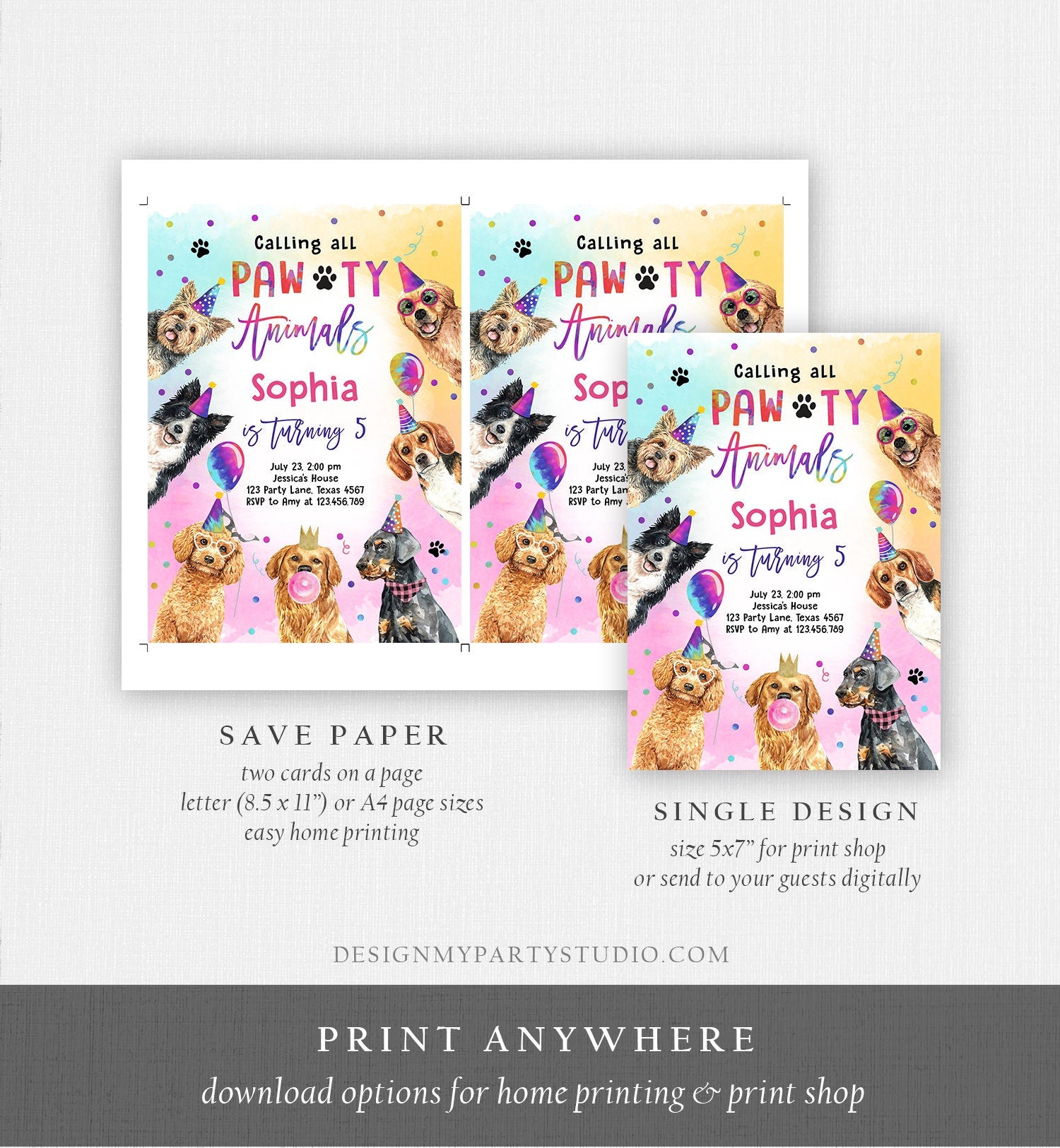 Editable Dogs Birthday Party Invitation Puppy Birthday Invite Calling All Pawty Animals Party Animals Download Printable Template Corjl 0460