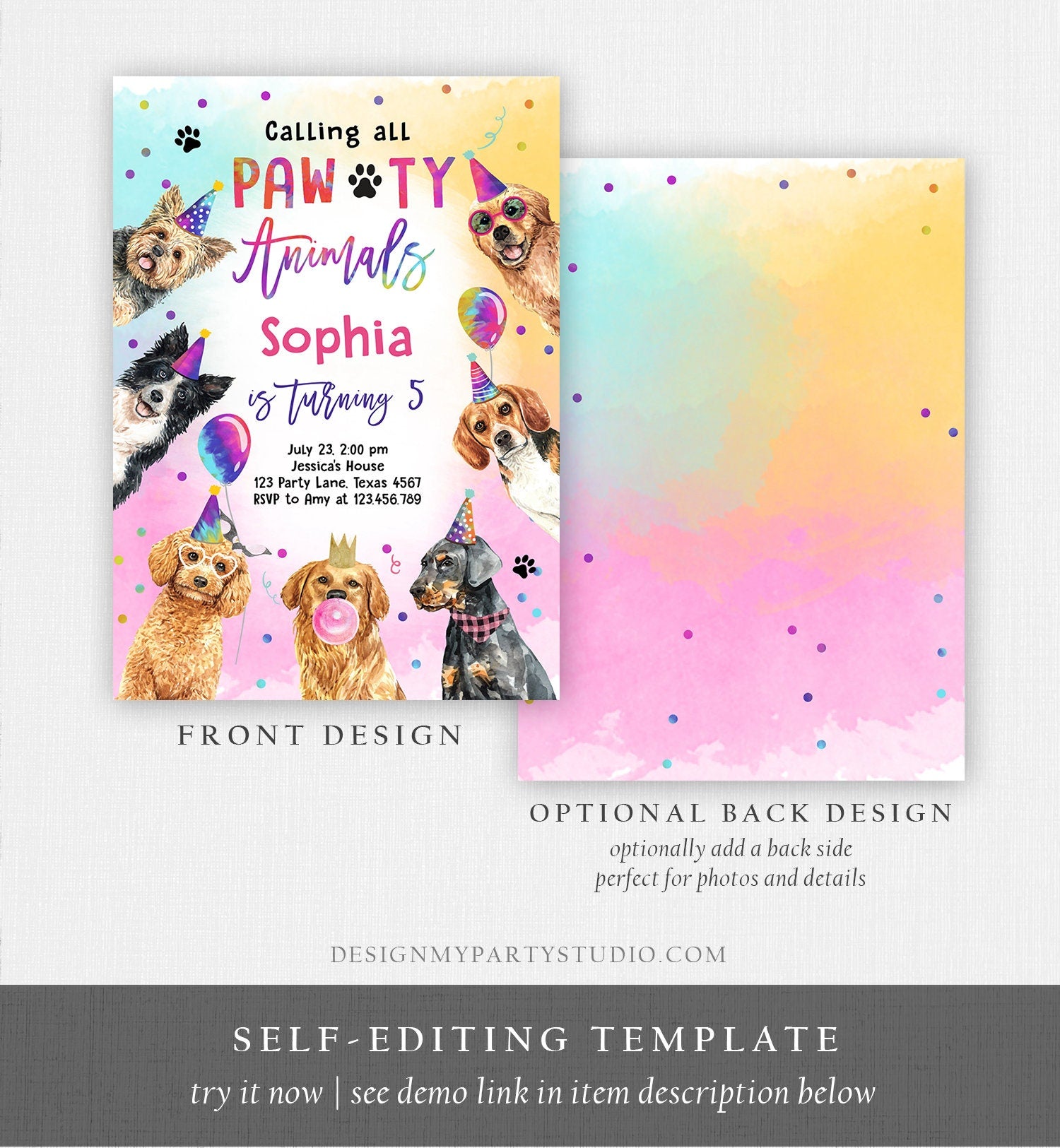 Editable Dogs Birthday Party Invitation Puppy Birthday Invite Calling All Pawty Animals Party Animals Download Printable Template Corjl 0460