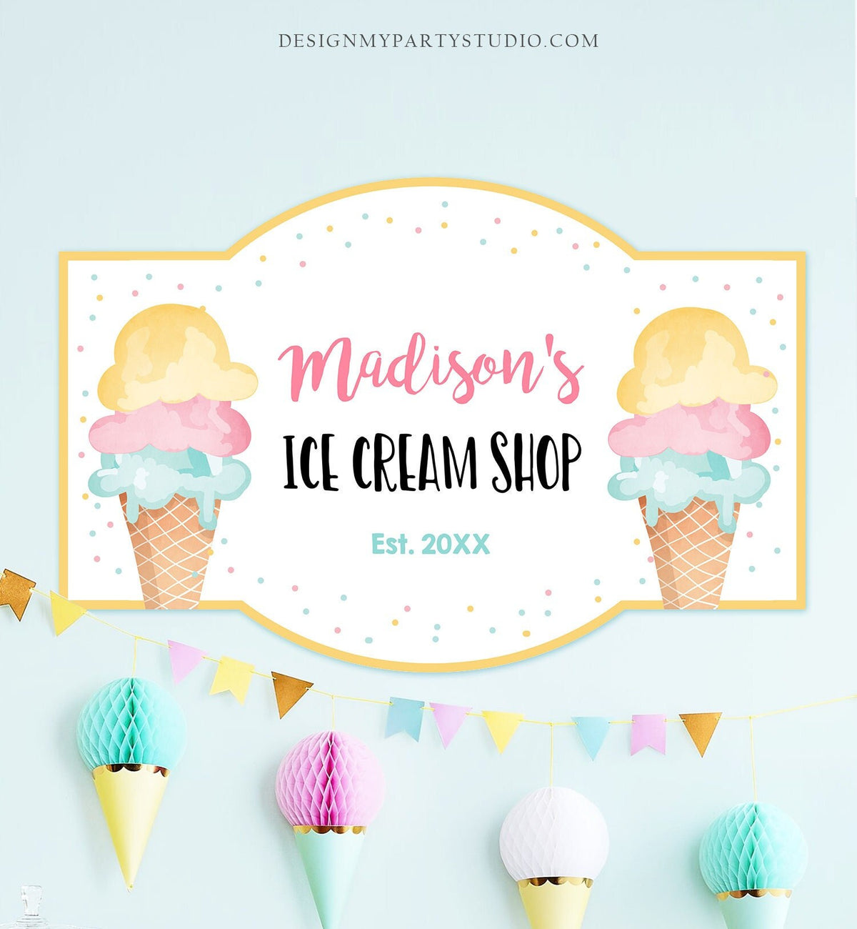 Editable Ice Cream Shop Sign Ice Cream Birthday Welcome Ice Cream Parlor Girl Summer Pink Yellow Mint Summer Template PRINTABLE Corjl 0243