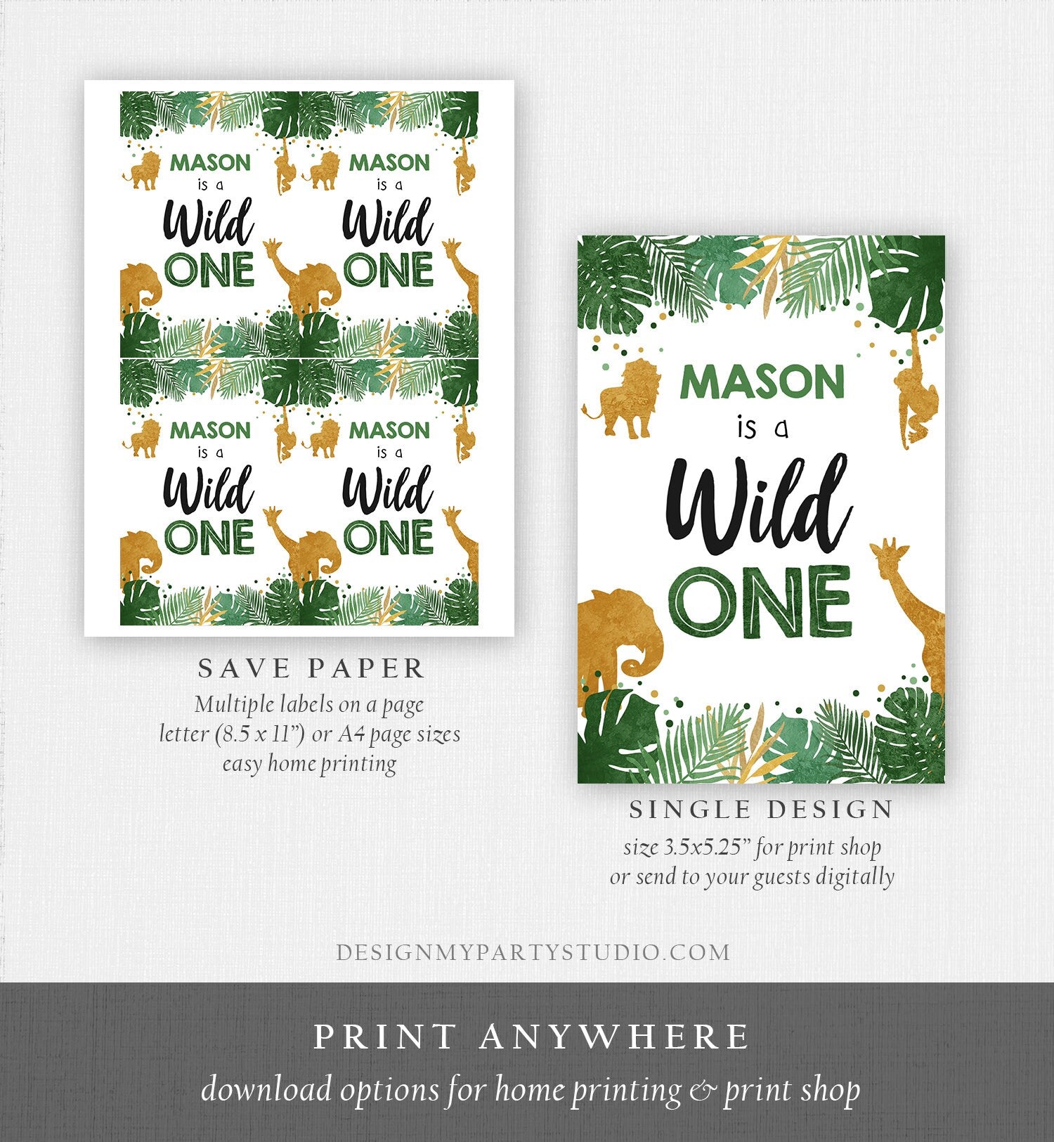 Editable Safari Animals Juice Pouch Label Juice Favors Gold Boy Birthday Wild One Party Animals Digital Download Template Printable 0016