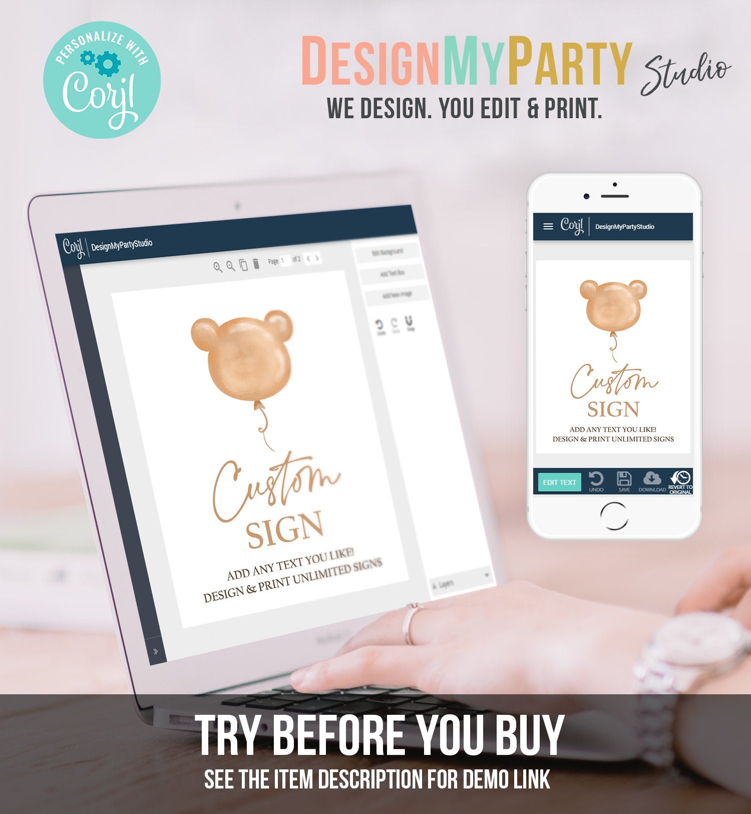 Editable Custom Sign Teddy Bear Birthday Bear Baby Shower Bearly Wait Boho Modern Bear Balloon Picnic Sign Corjl Template Printable 0439