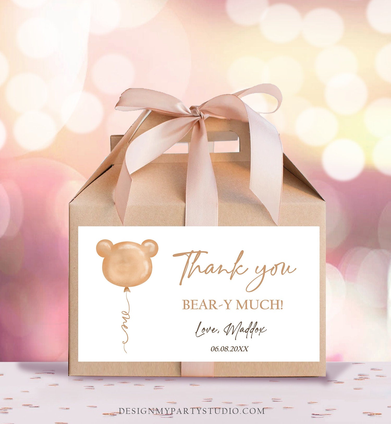 Editable Teddy Bear Gable Box Favor Label Bear 1st Birthday Favor Box Label Boy Bear-y First Modern Digital Download Printable Corjl 0439