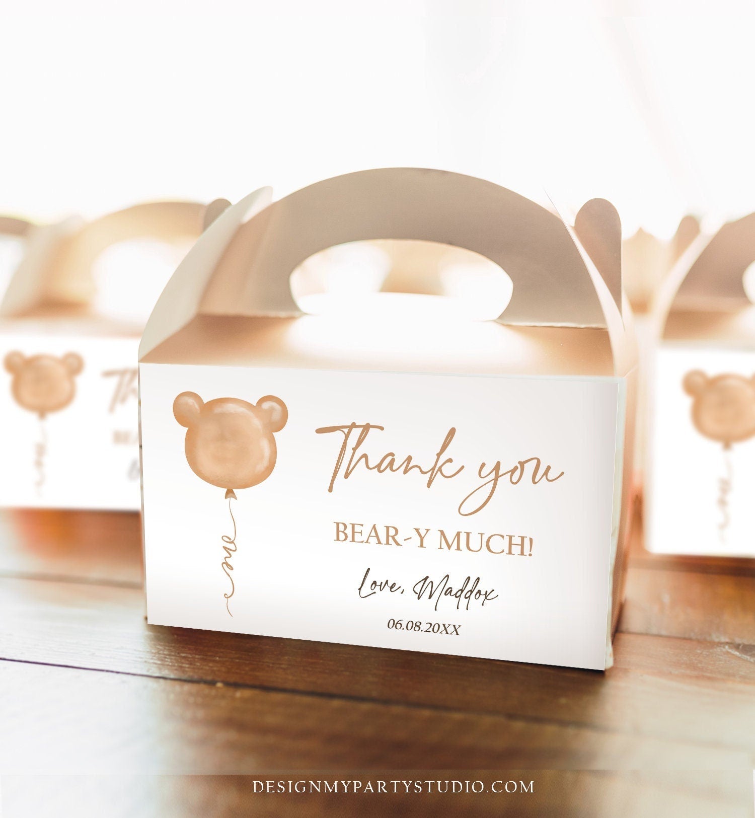 Editable Teddy Bear Gable Box Favor Label Bear 1st Birthday Favor Box Label Boy Bear-y First Modern Digital Download Printable Corjl 0439