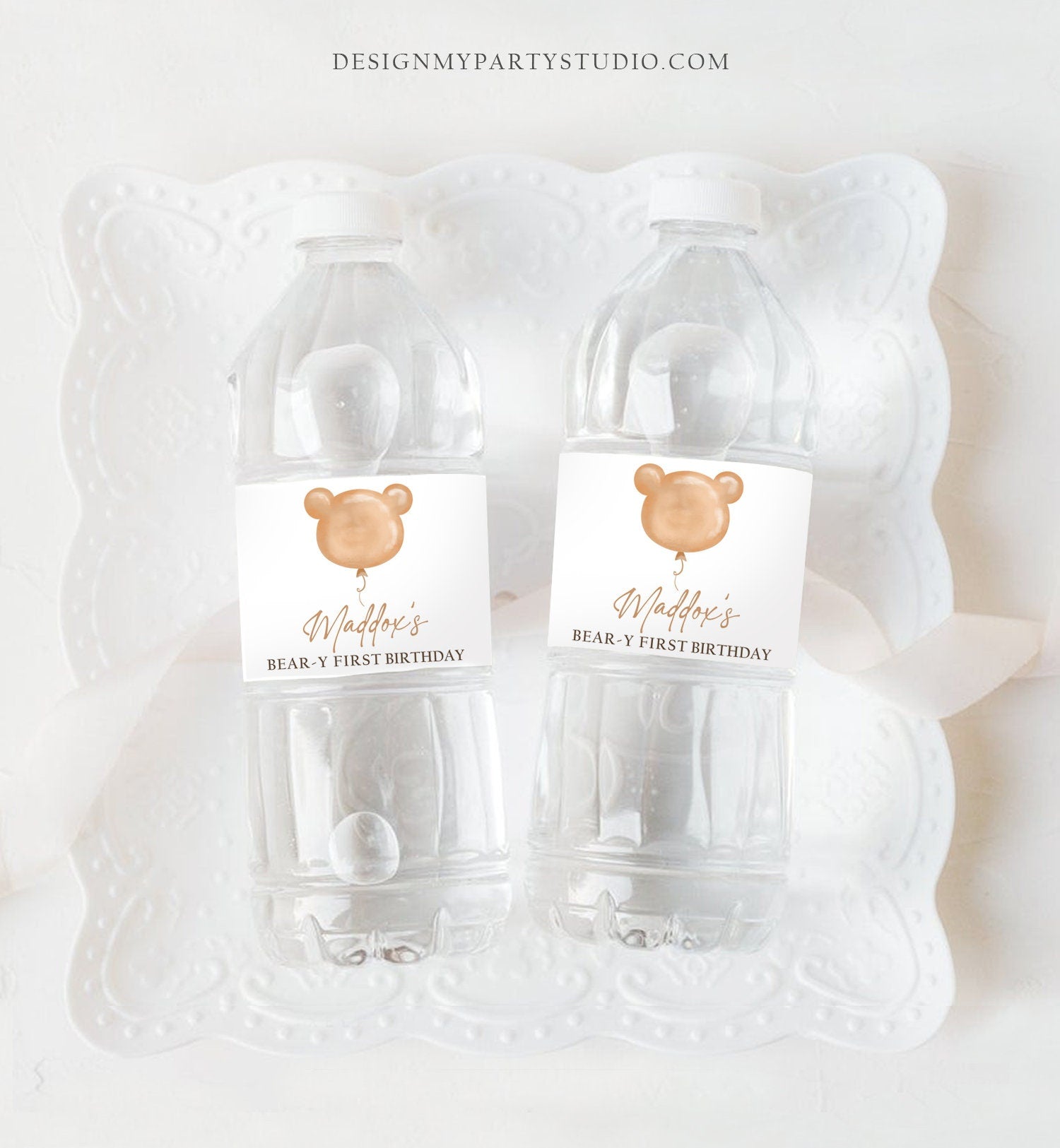 Editable Teddy bears Picnic Water Bottle Labels Bearly Wait Baby Shower Decor Bear Minimal Bear 1st Birthday Printable Template Corjl 0439