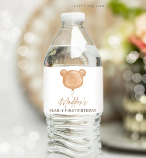 Editable Teddy bears Picnic Water Bottle Labels Bearly Wait Baby Shower Decor Bear Minimal Bear 1st Birthday Printable Template Corjl 0439