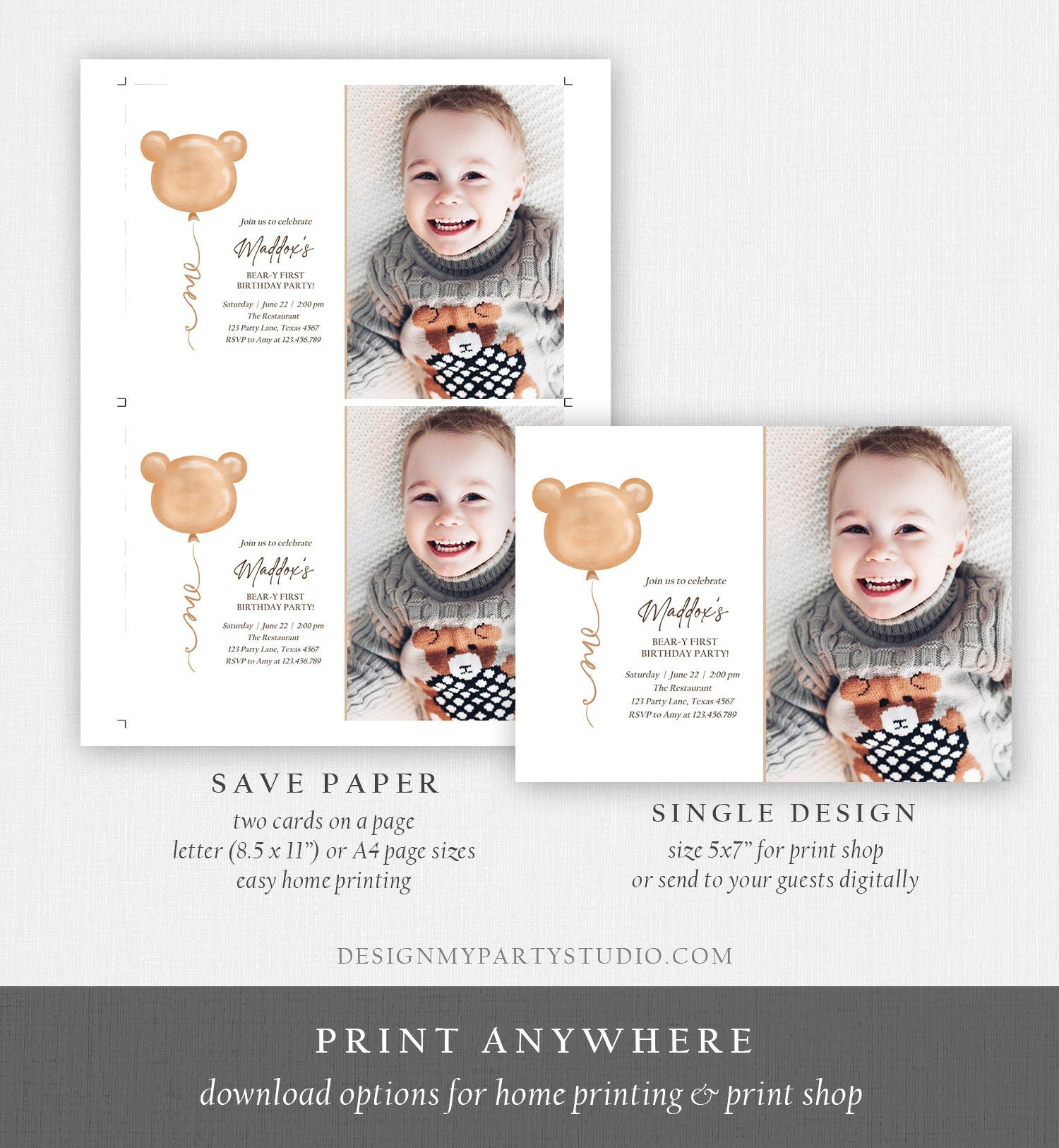 Editable Bear Birthday Invitation Bear Balloon Modern Teddy Bears Picnic Gender Neutral Boho Printable Template Instant Download Corjl 0439