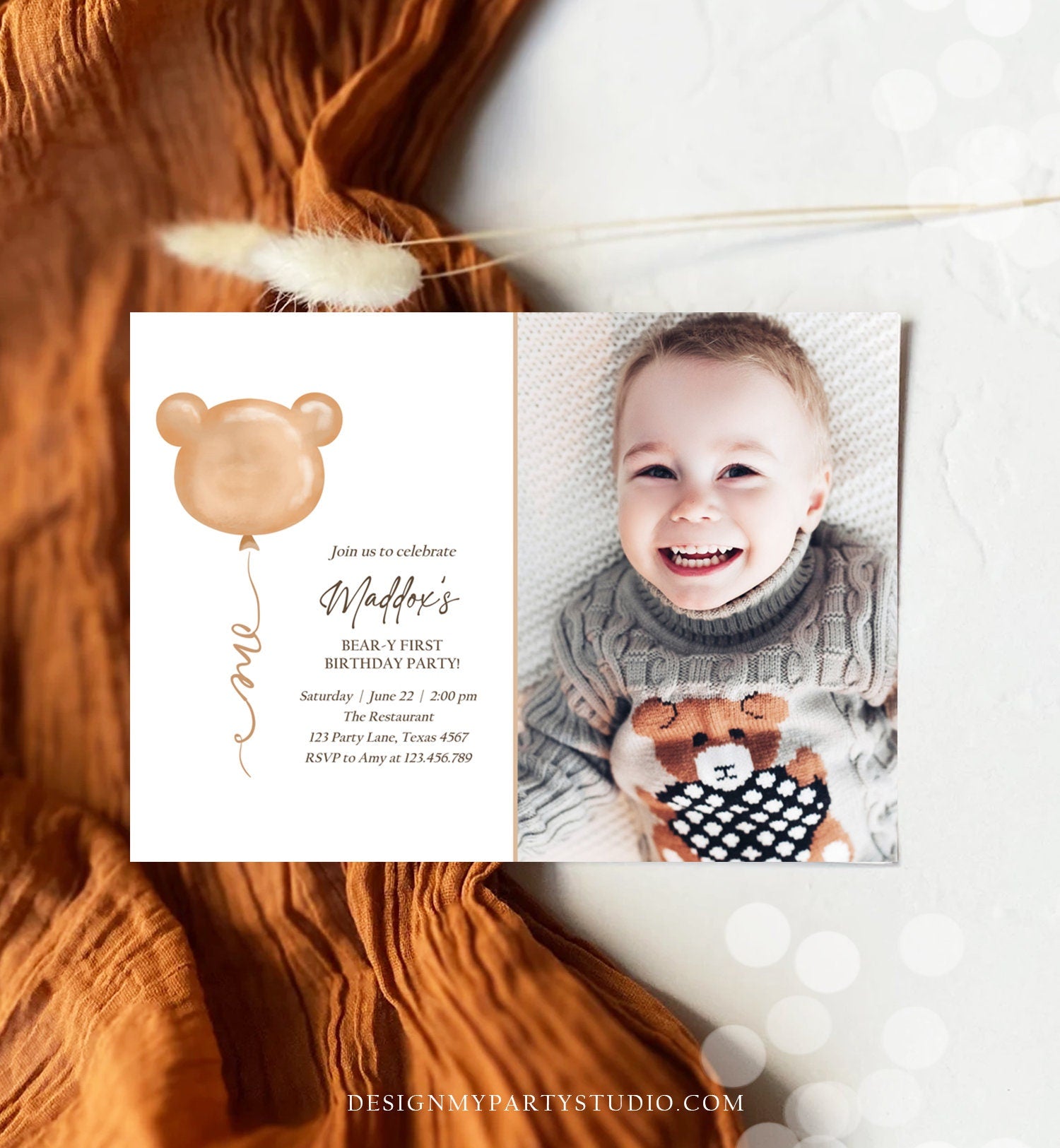 Editable Bear Birthday Invitation Bear Balloon Modern Teddy Bears Picnic Gender Neutral Boho Printable Template Instant Download Corjl 0439