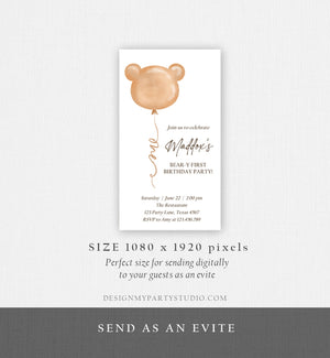 Editable Bear Birthday Evite Bear Balloon Modern Teddy Bears Picnic Gender Neutral Boho Invitation Template Instant Download Corjl 0439