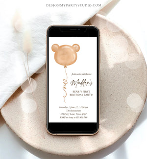 Editable Bear Birthday Evite Bear Balloon Modern Teddy Bears Picnic Gender Neutral Boho Invitation Template Instant Download Corjl 0439