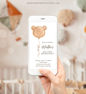 Editable Bear Birthday Evite Bear Balloon Modern Teddy Bears Picnic Gender Neutral Boho Invitation Template Instant Download Corjl 0439