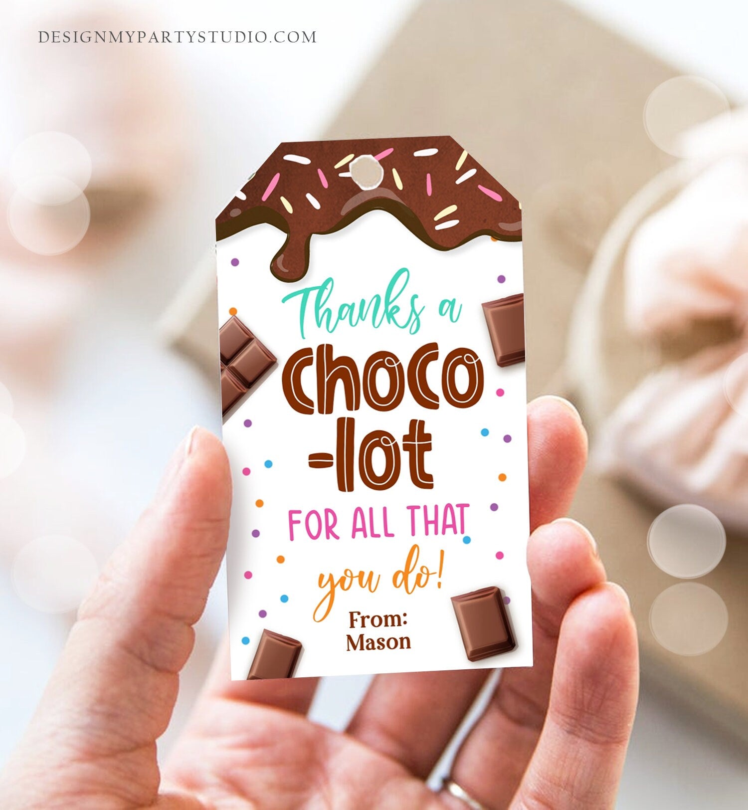 Editable Chocolate Gift Tag Thanks A Choco-Lot Teacher Appreciation Tag Thank You Tag Teacher Tag School Staff Corjl Template Printable 0464