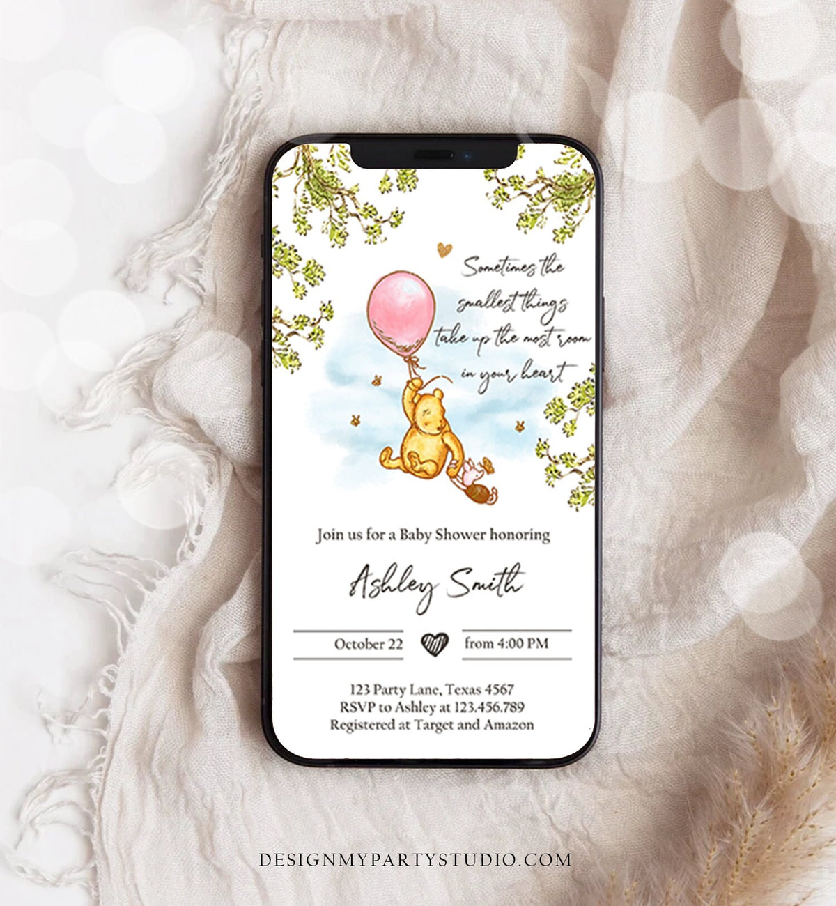 Editable Winnie The Pooh Baby Shower Evite Girl Pink Rustic Classic Winnie The Pooh Invitation Phone Digital Electronic Corjl Template 0425