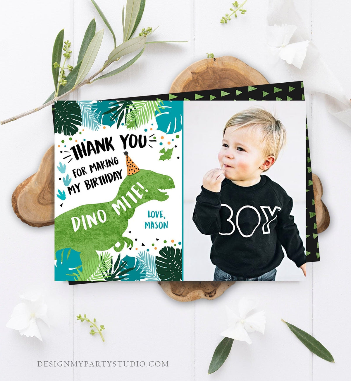 Editable Dinosaur Thank You Card Birthday Boy Black Green Gold Dino Party T-Rex Photo Download Printable Corjl Template Digital 0389