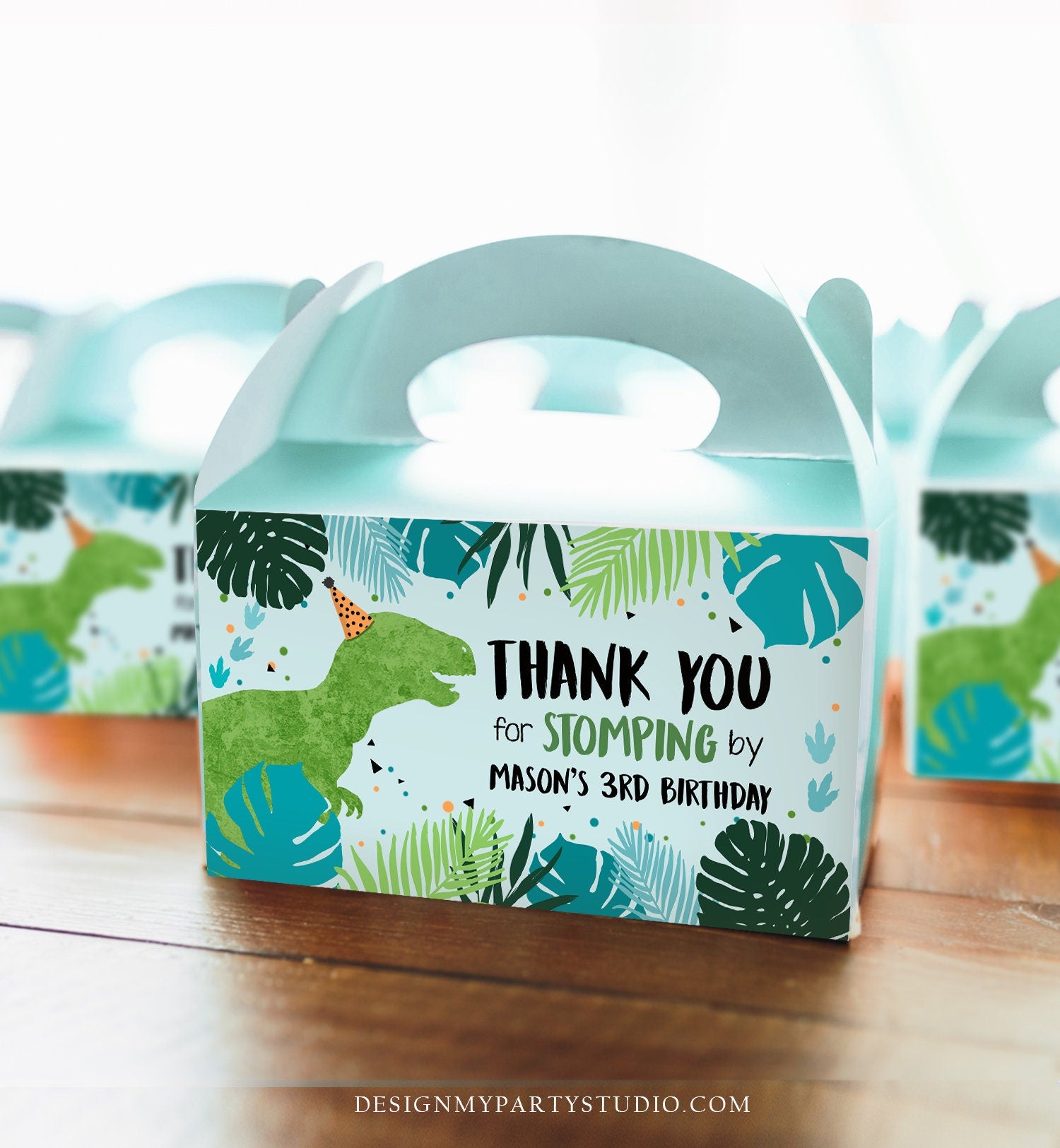 Editable Dinosaur Gable Gift Box Labels Dinosaur Party Favors Dino Birthday Boy Dino Stomping By Blue T-Rex Digital Corjl Printable 0389