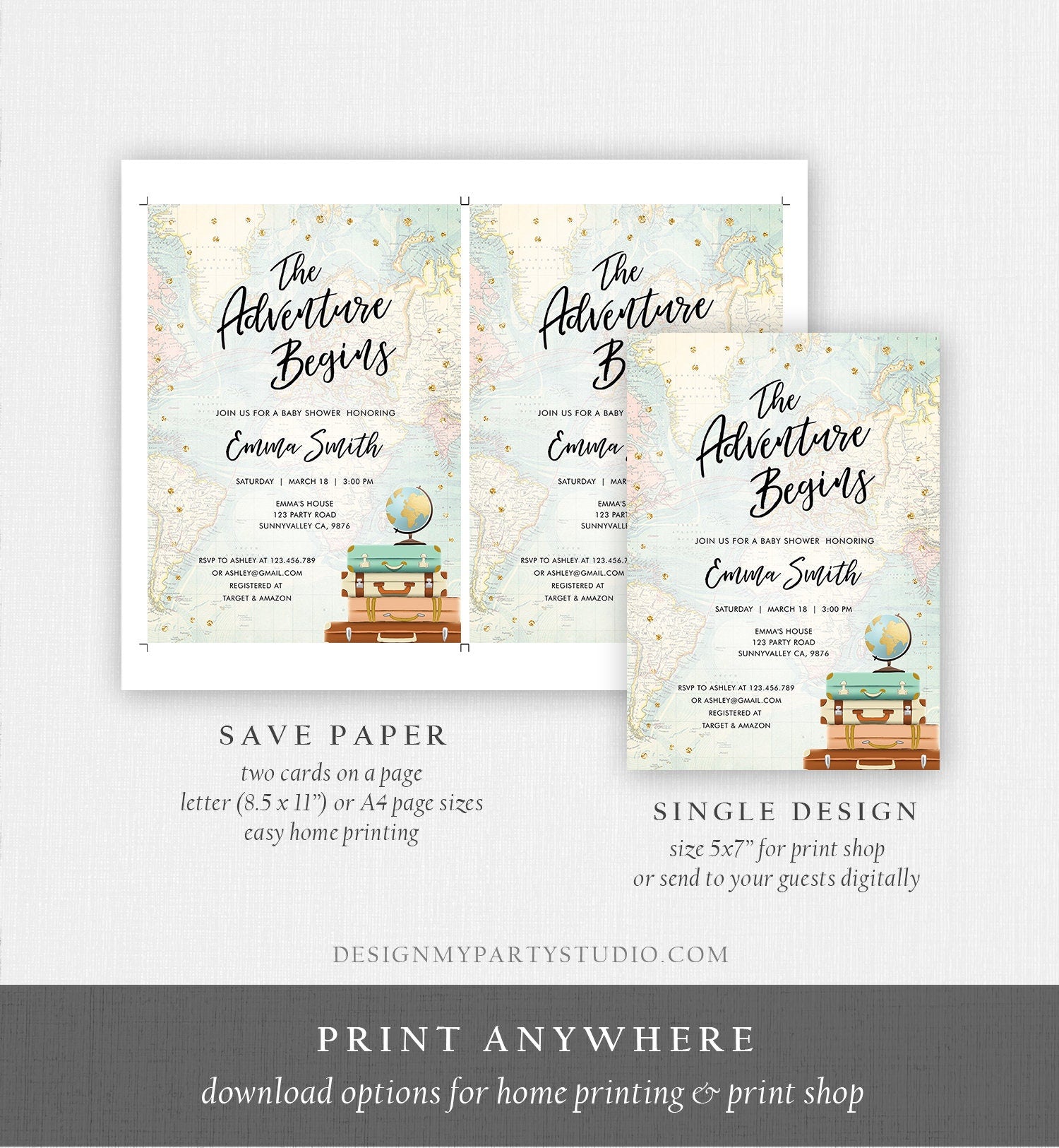 Editable The Adventure Begins Baby Shower Invitation Gold Confetti Suitcases Globe Travel Around World Corjl Template Printable 0263