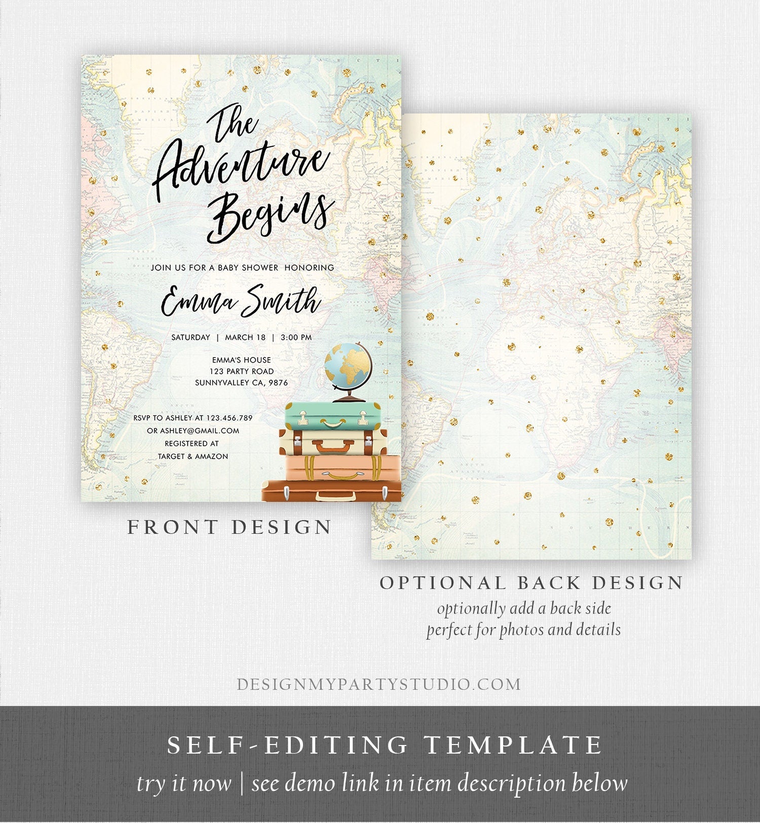 Editable The Adventure Begins Baby Shower Invitation Gold Confetti Suitcases Globe Travel Around World Corjl Template Printable 0263