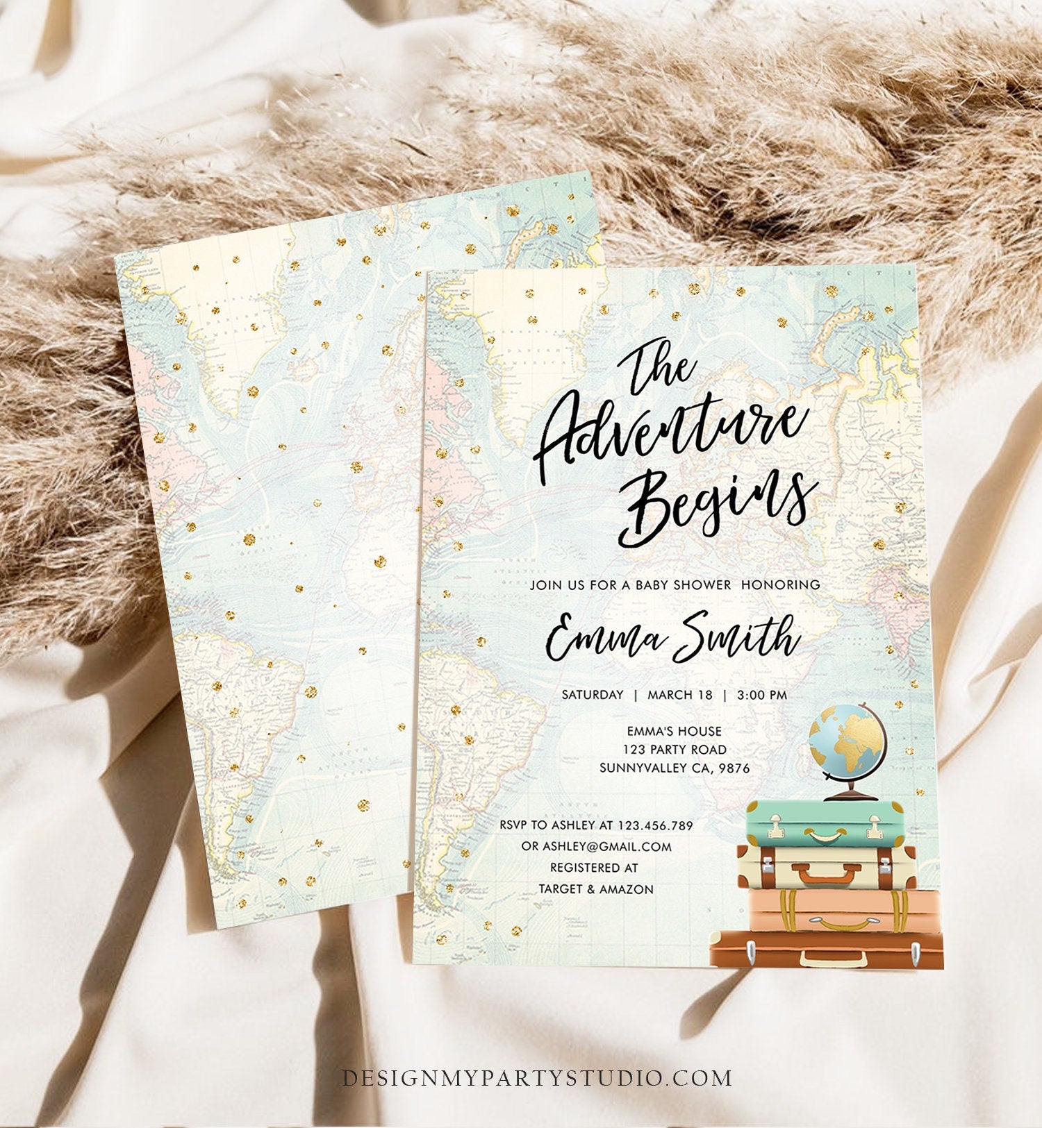 Editable The Adventure Begins Baby Shower Invitation Gold Confetti Suitcases Globe Travel Around World Corjl Template Printable 0263