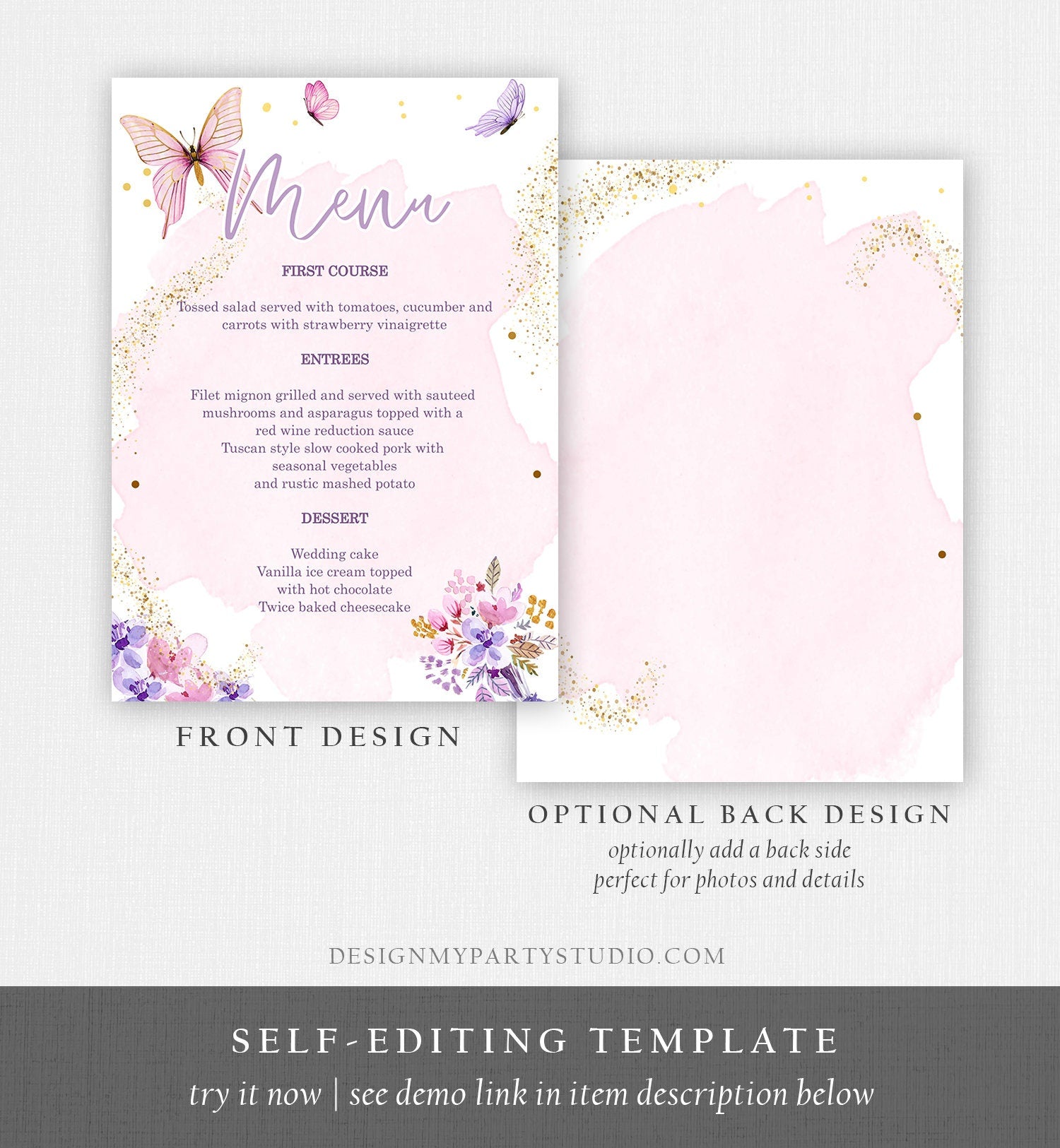 Editable Butterfly Menu Card Birthday Pink Gold Confetti Tea Party Birthday Baby Shower Purple Gold Download Corjl Template Printable 0437