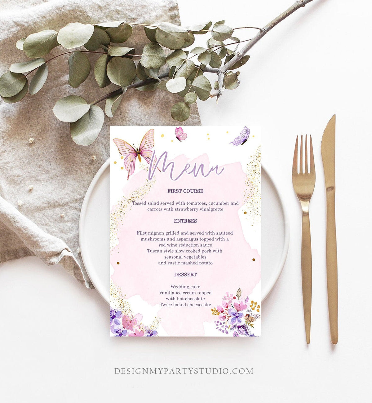 Editable Butterfly Menu Card Birthday Pink Gold Confetti Tea Party Birthday Baby Shower Purple Gold Download Corjl Template Printable 0437