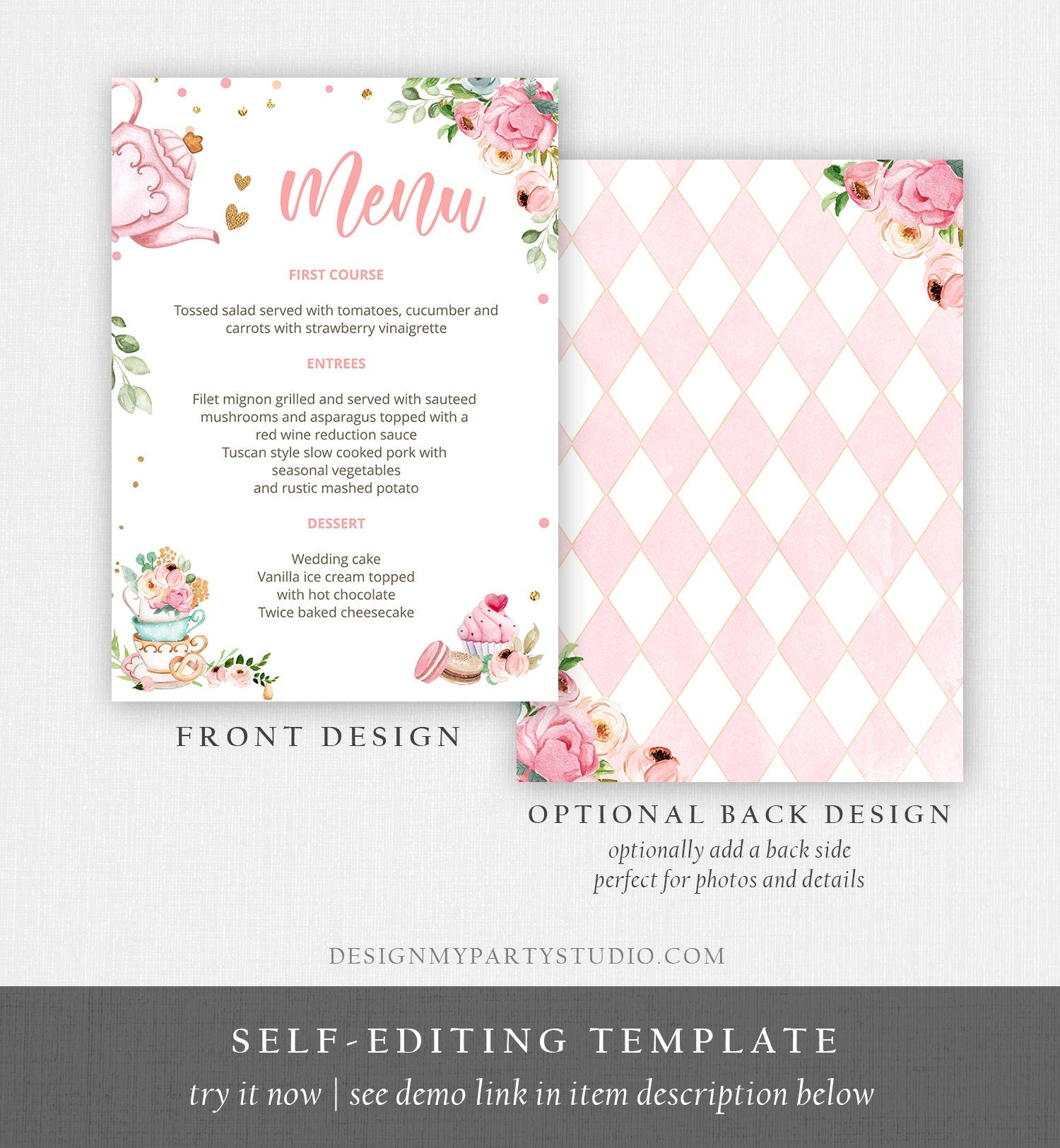 Editable Floral Tea Menu Card Tea Birthday Pink Gold Confetti Floral Tea Baby Shower Baby is Brewing Download Corjl Template Printable 0349