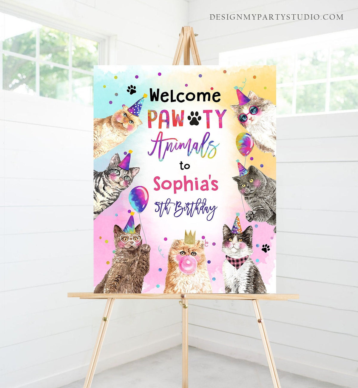 Editable Cat Birthday Party Welcome Sign Kitten Birthday Pink Girl Kitty Cat Paw-ty Pawty Animals Cute Kitten Template Corjl PRINTABLE 0460