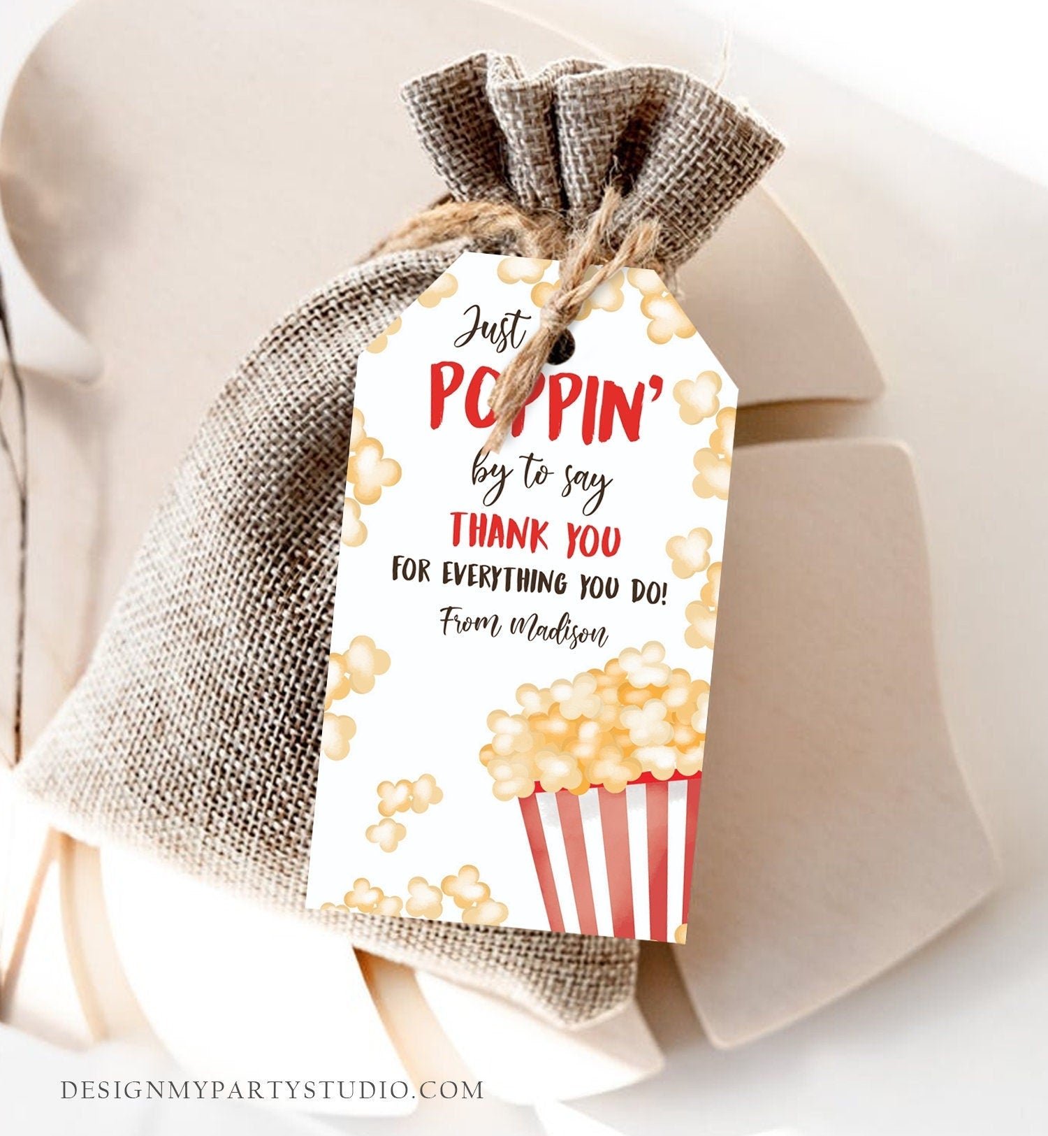 Editable Popcorn Appreciation Tag Thank You Tag Teacher Tag Popcorn Gift Tag Poppin by to say Thank you Tag Corjl Template Printable 0464