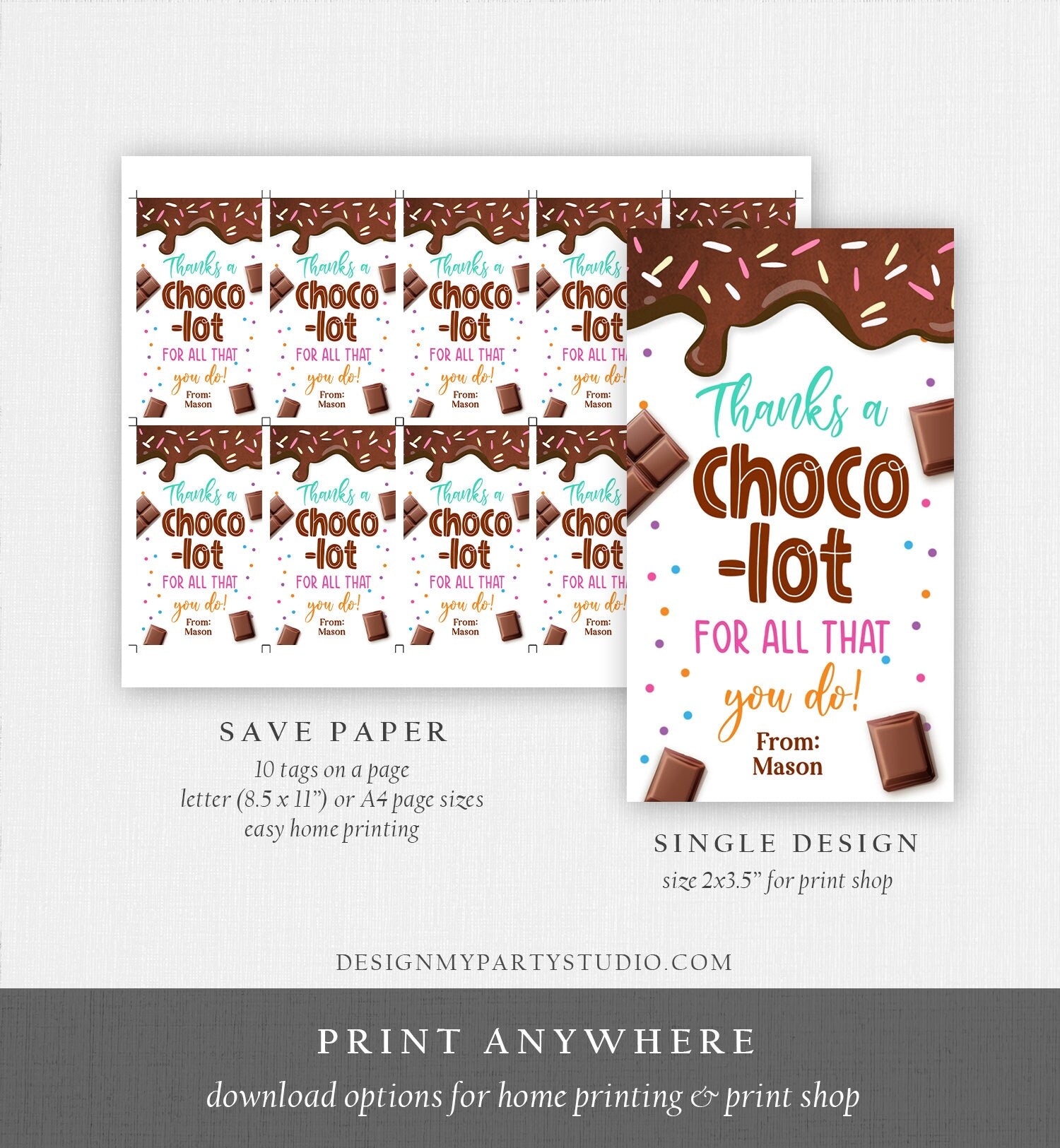 Editable Chocolate Gift Tag Thanks A Choco-Lot Teacher Appreciation Tag Thank You Tag Teacher Tag School Staff Corjl Template Printable 0464