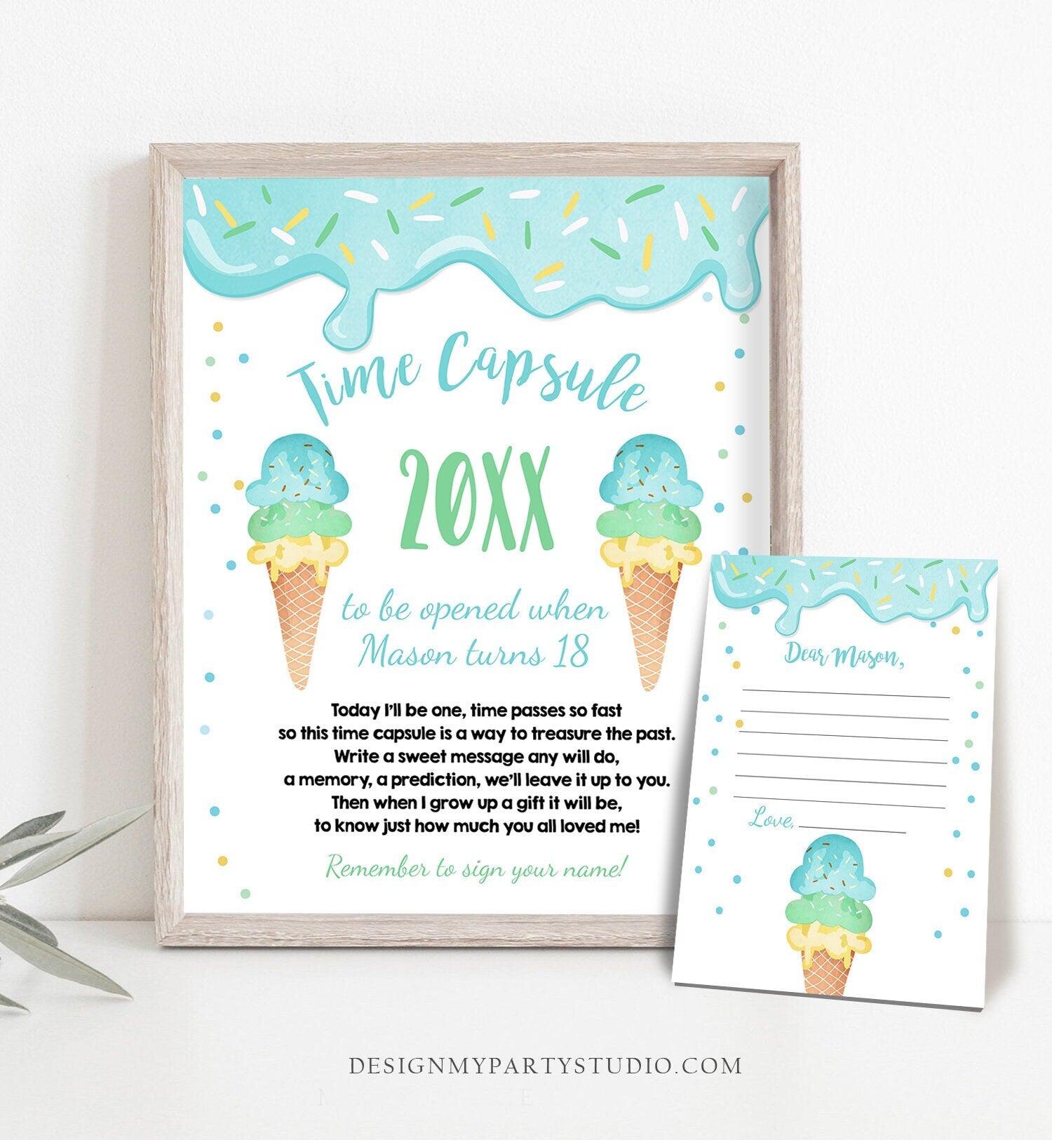 Editable Ice Cream Time Capsule First Birthday Party Ice Cream Birthday Summer Party Decor Scoop Cone Boy Digital Template Printable 0243