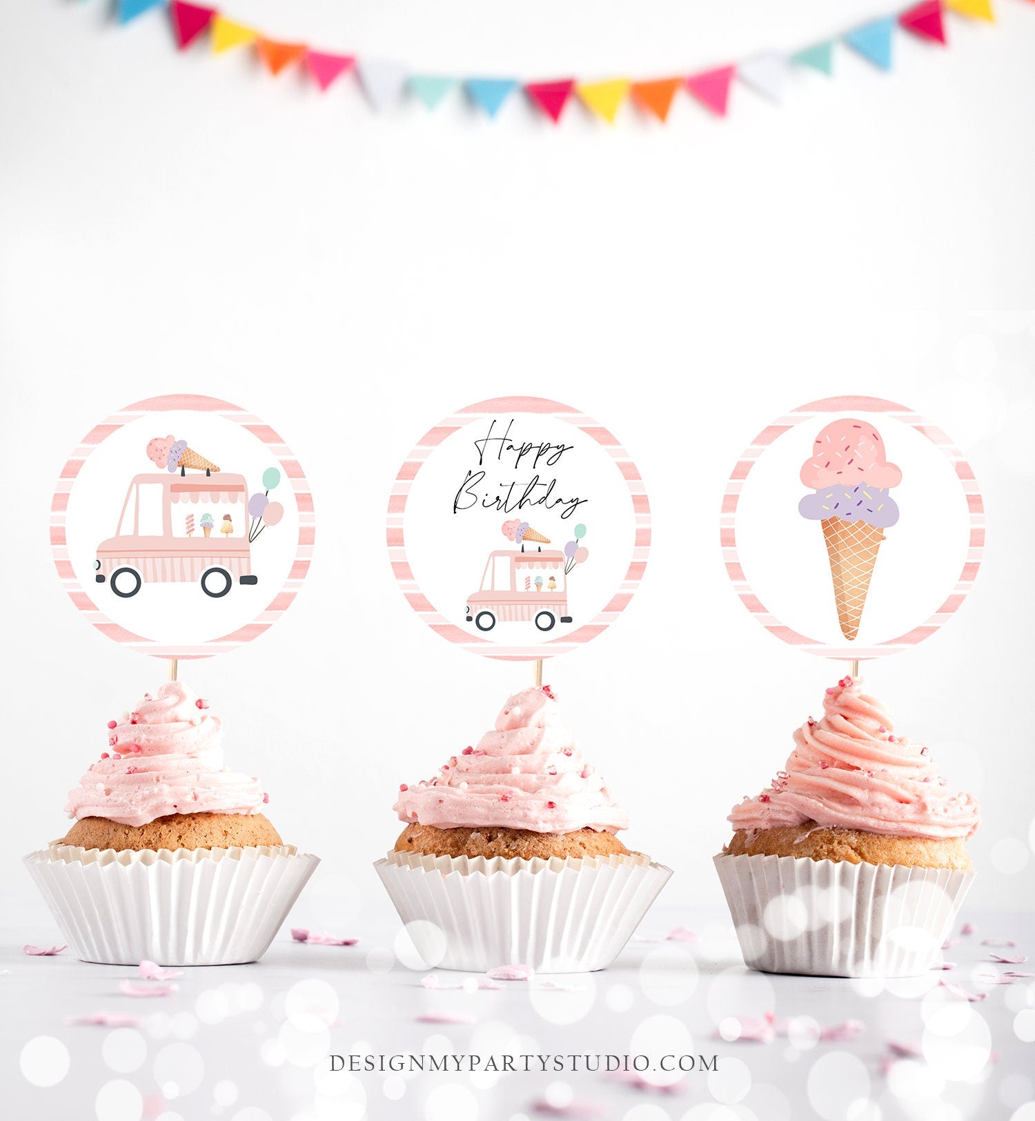 Ice Cream Truck Cupcake Toppers Favor Tags Ice Cream Birthday Party Decoration Pink Mint Girl Summer Scoop Download Digital Printable 0415