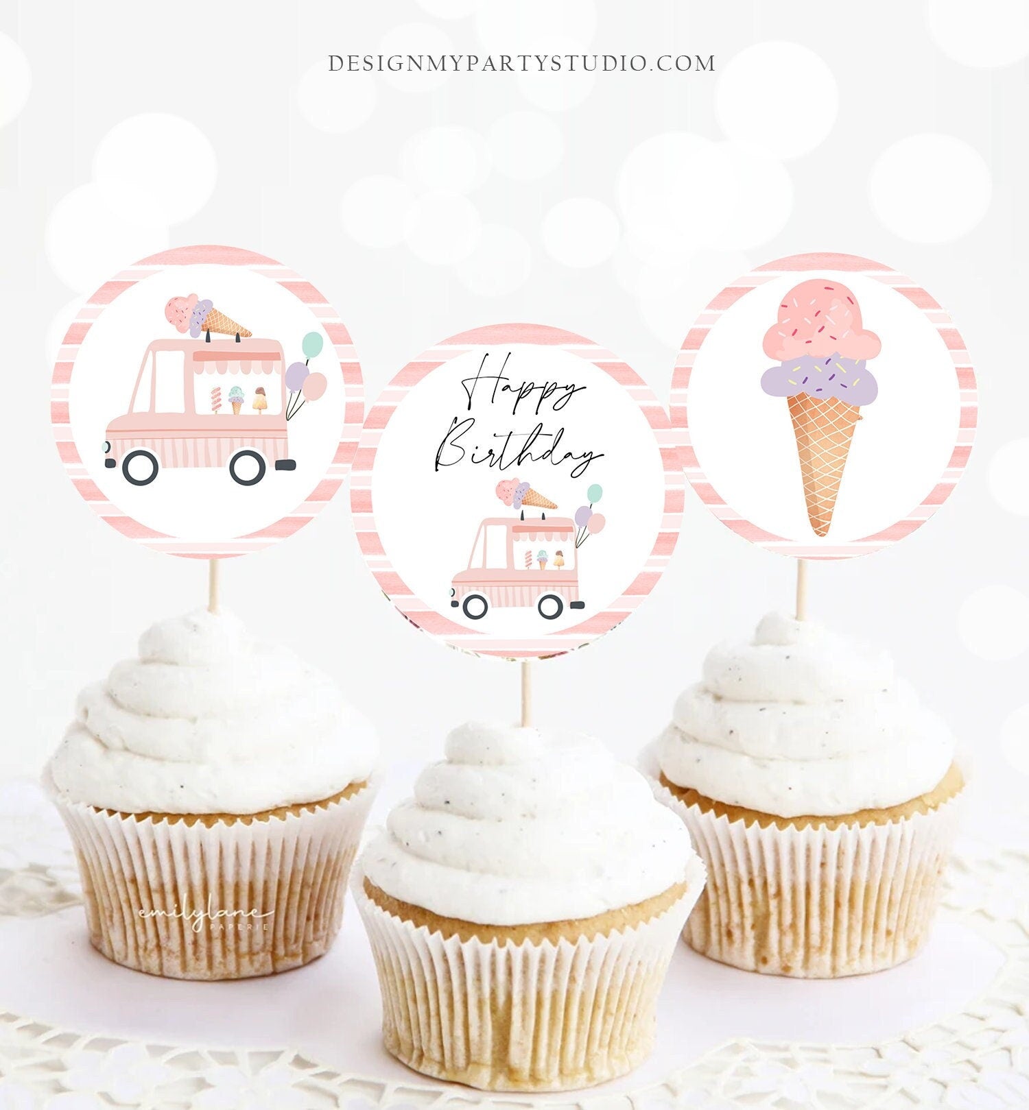 Ice Cream Truck Cupcake Toppers Favor Tags Ice Cream Birthday Party Decoration Pink Mint Girl Summer Scoop Download Digital Printable 0415