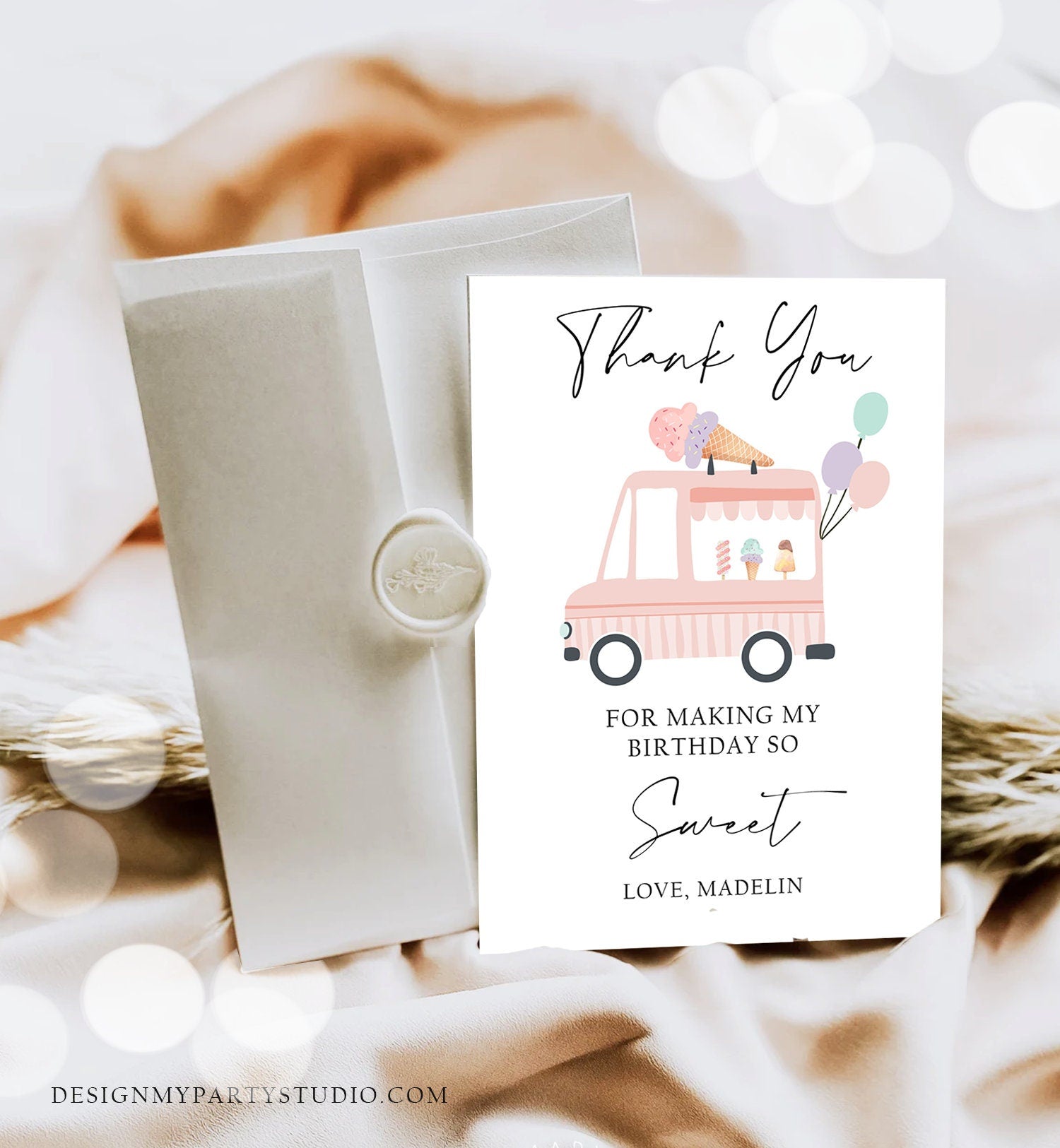 Editable Ice Cream Truck Thank You Card Ice Cream Birthday Thank you Note Girl Birthday Summer Download Printable Template Corjl 0415