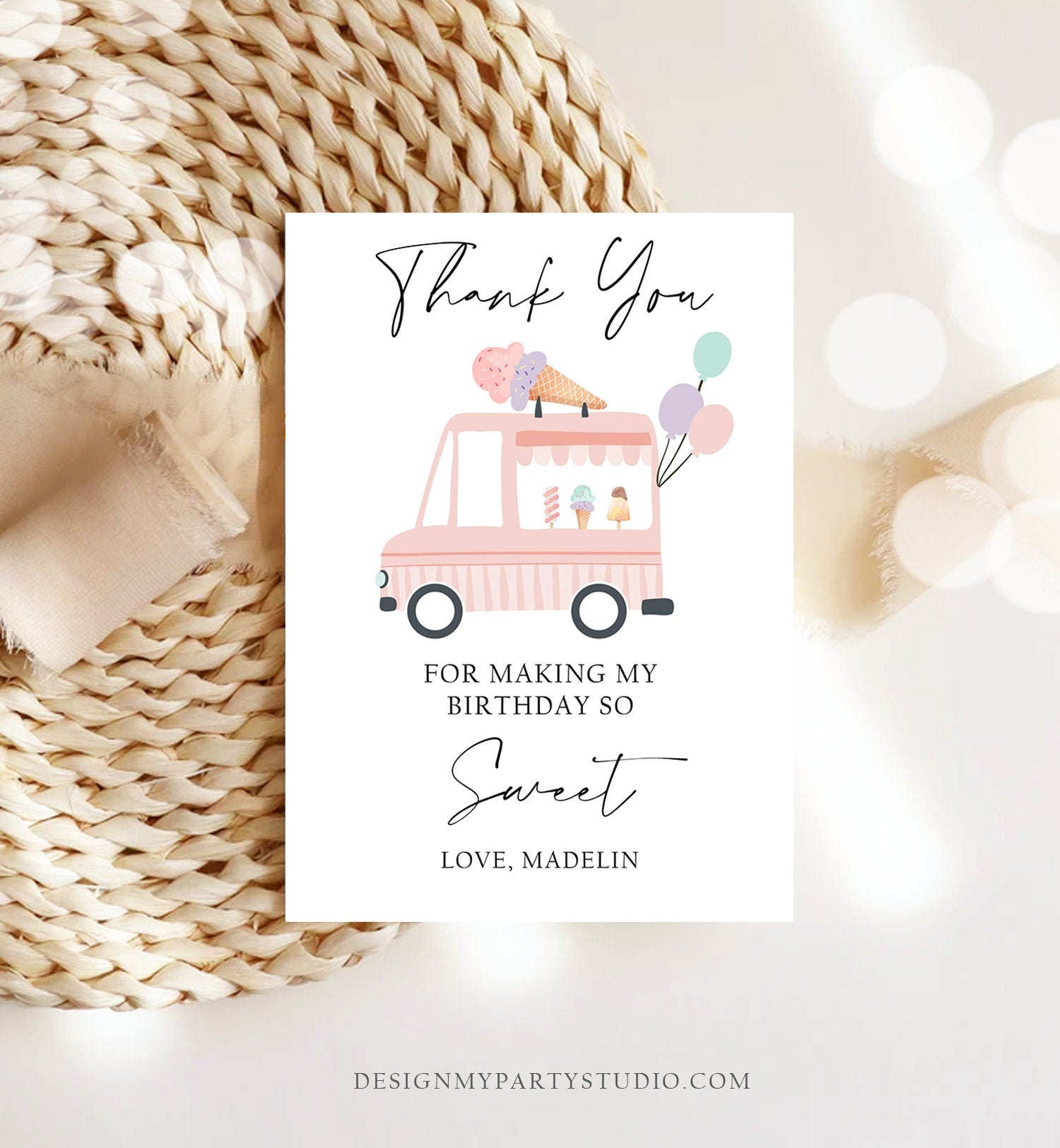 Editable Ice Cream Truck Thank You Card Ice Cream Birthday Thank you Note Girl Birthday Summer Download Printable Template Corjl 0415