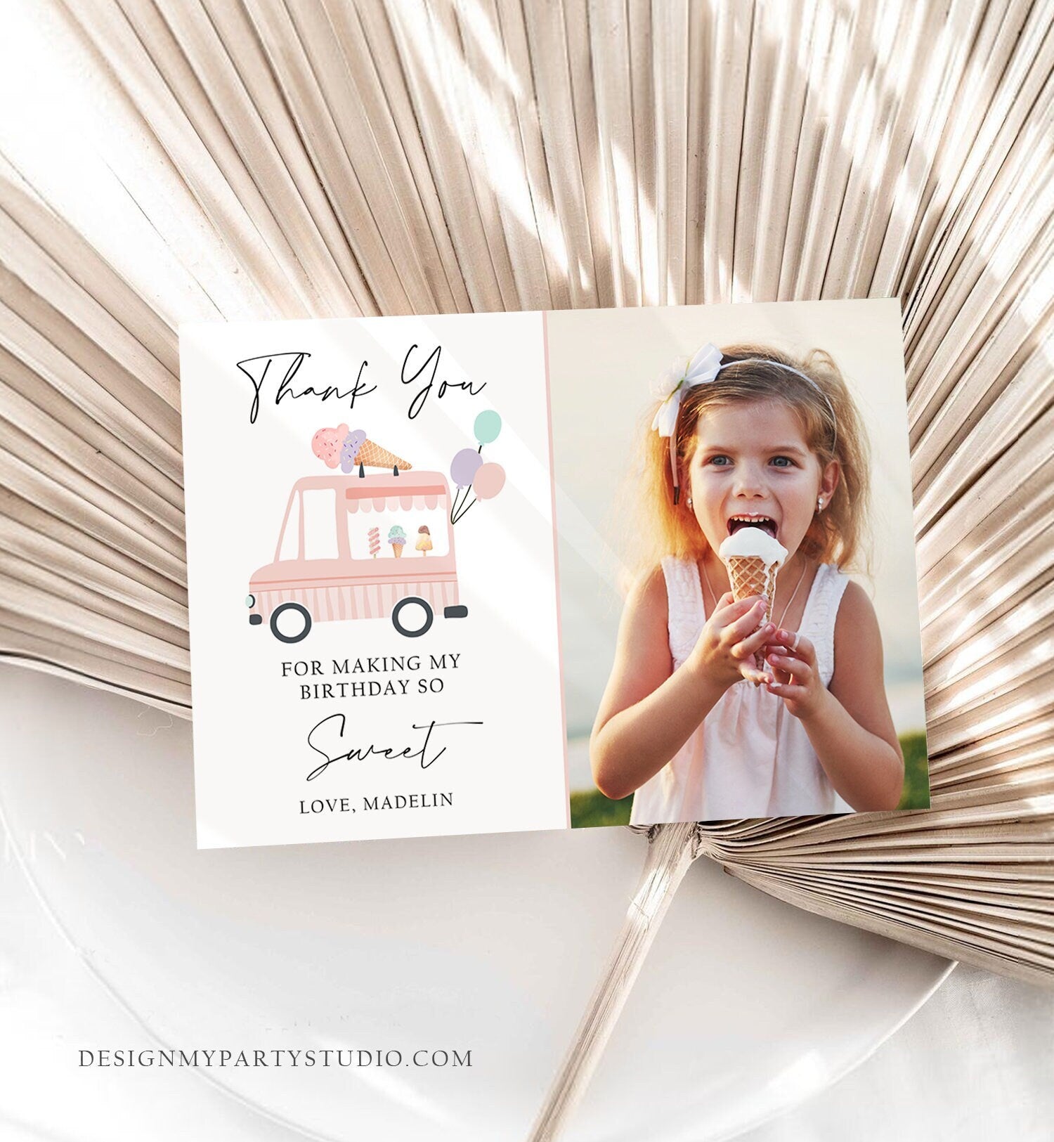 Editable Ice Cream Truck Thank You Card Ice Cream Birthday Thank you Note Girl Birthday Summer Download Printable Template Corjl 0415